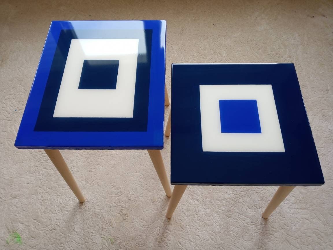 Square Resin Blue White Narrow Side Coffee Tables, Unique Wooden Bedside Living Room Modern Center End Sofa Minimal Abstract Epoxy Tables