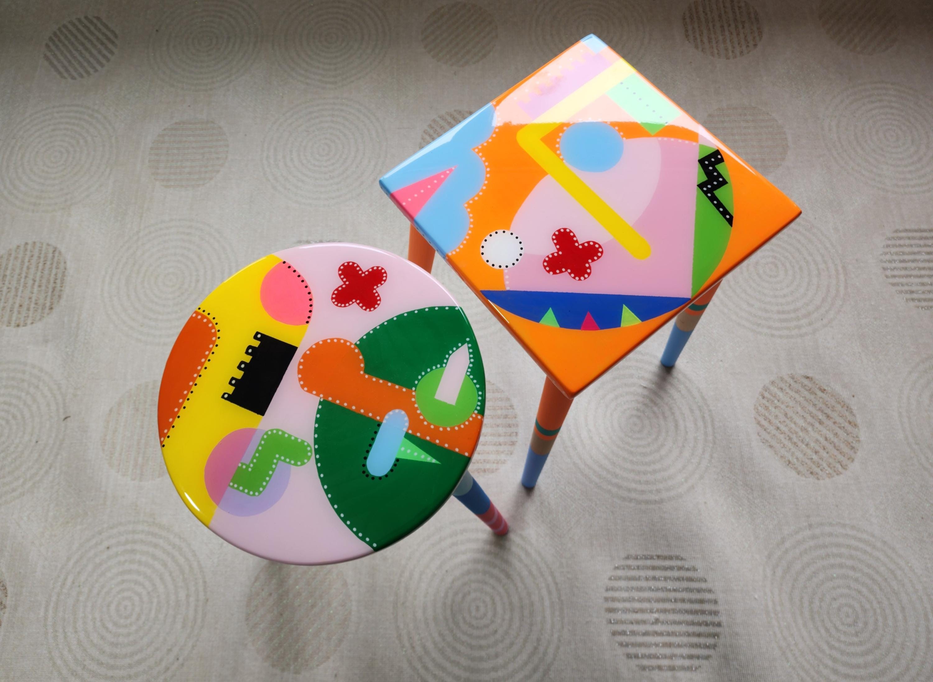 Colorful Funky Abstract Cool Furniture,Resin Side Coffee Tables Wooden Modern Pink Orange Acrylic Painted Quirky Bedside Cute Art Nightstand