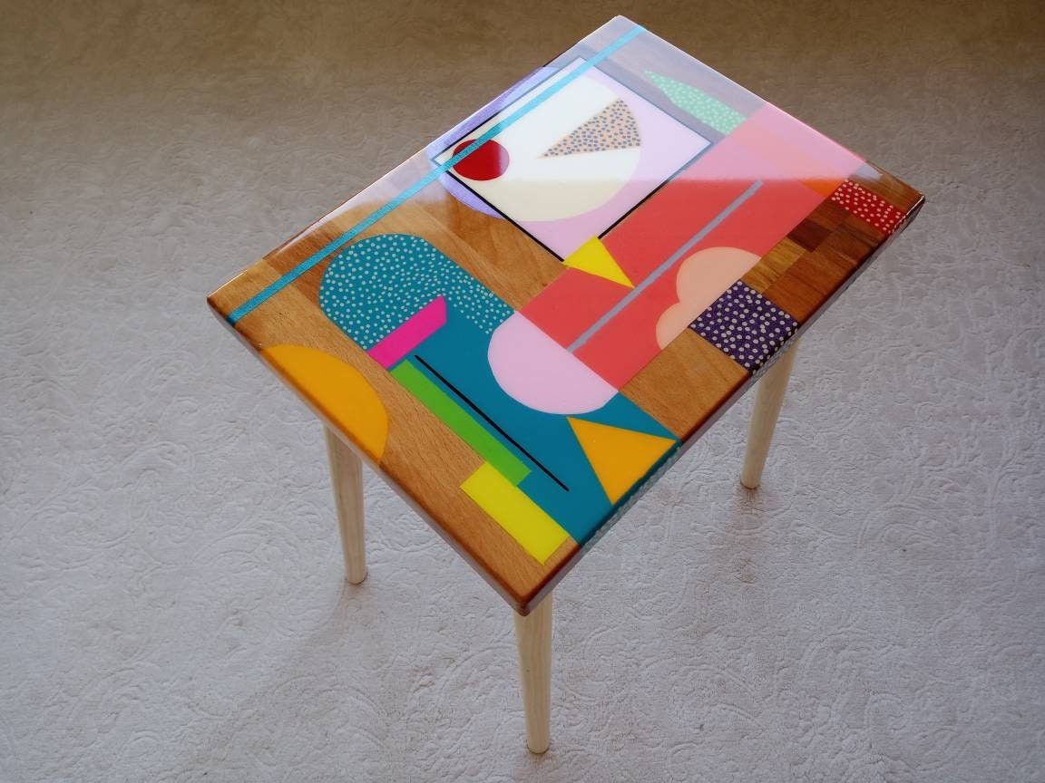 Small Wooden Handmade Resin Cool Side Coffee Table,Pink Modern Bedside Living Room Entryway End Colorful Abstract Funky Boho Epoxy Art Table