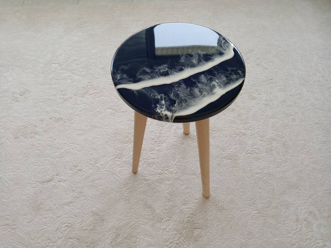 Round Ocean Wave Natural Resin Side Coffee Table,Beach Art Design Modern Small Wooden Sofa End Unique Living Room,Bedroom Bedside Cute Table