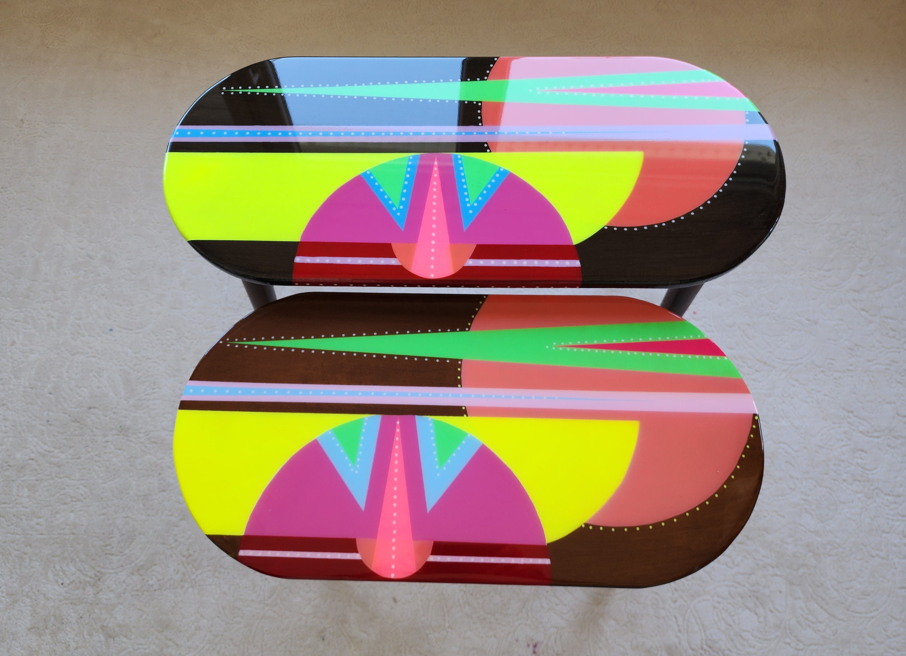 Unusual Pink Funky Colorful Side Narrow Resin Coffee Tables,Maximalist Eclectic Abstract Cool Neon Painted Leg Epoxy Cute Boho Pop Art Table