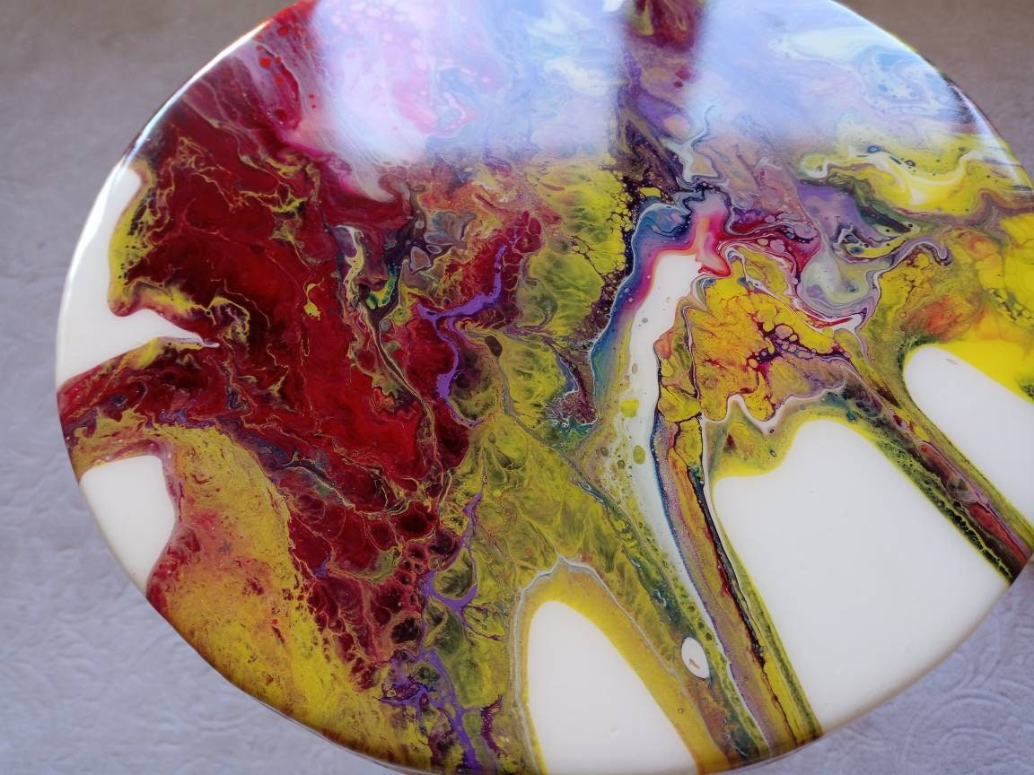 Round Small Abstract Colorful Resin Side Coffee Tables, Unique Cool Boho Bedside Living Room Entryway Wooden Center End Sofa Art Tables