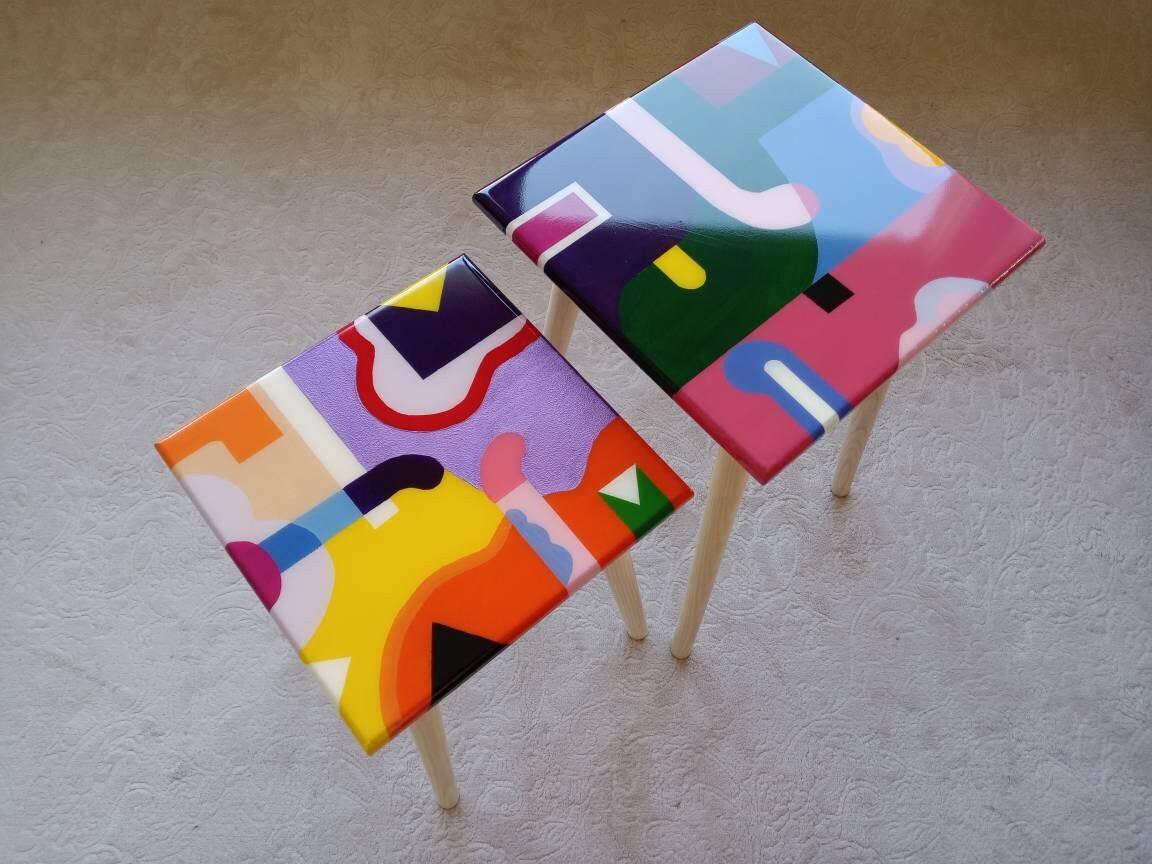 Pink Purple Boho Resin Side End Coffee Tables, Unique Wood Bedside Living Room Modern Funky Epoxy Painted Unique Abstract Coffee Table Gift