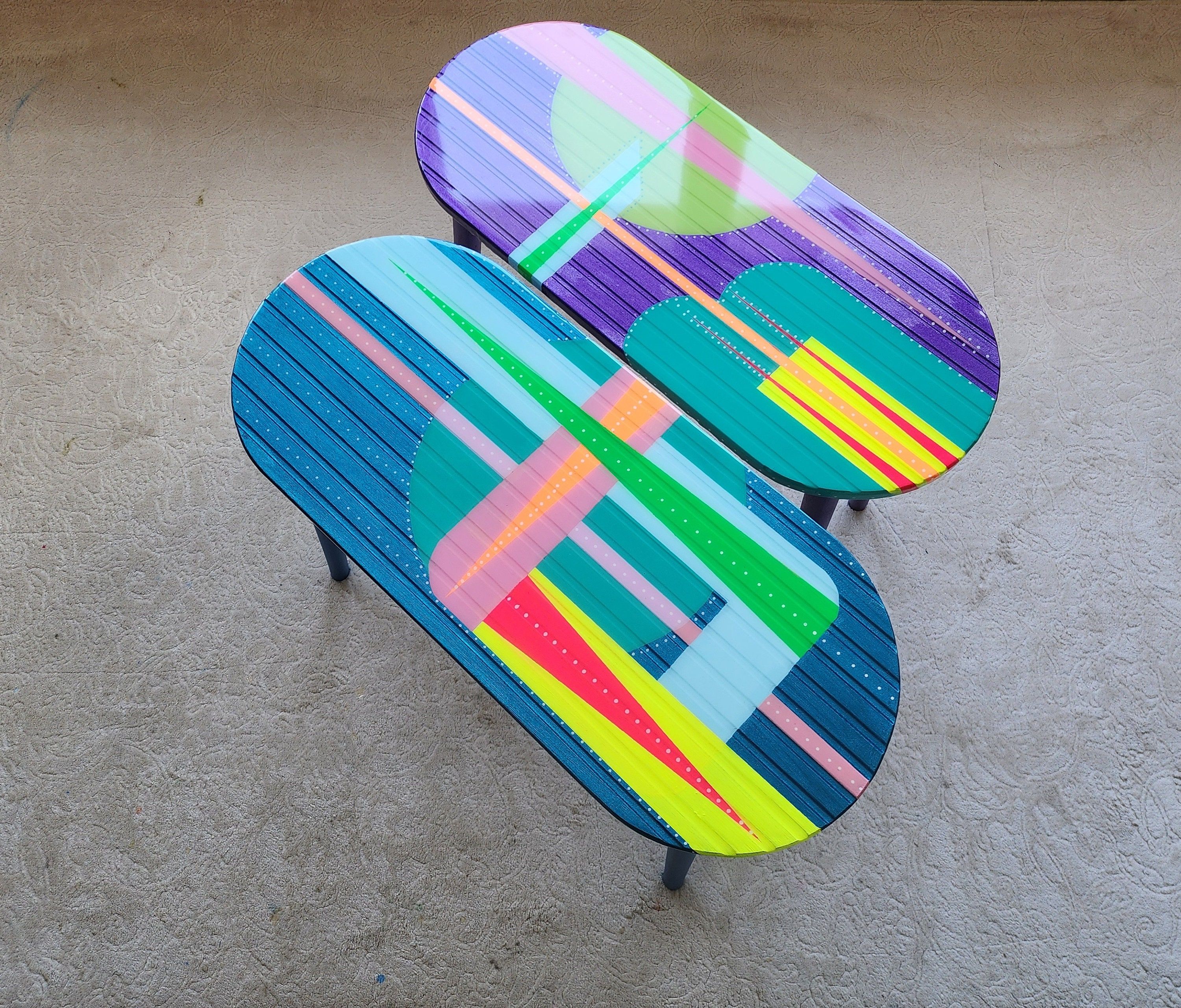Oval Colorful Abstract Funky Resin Art Side Coffee Tables,Geometric Modern Gift For Mom Her Him Couple,Retro Vintage Pop Art Epoxy End Table
