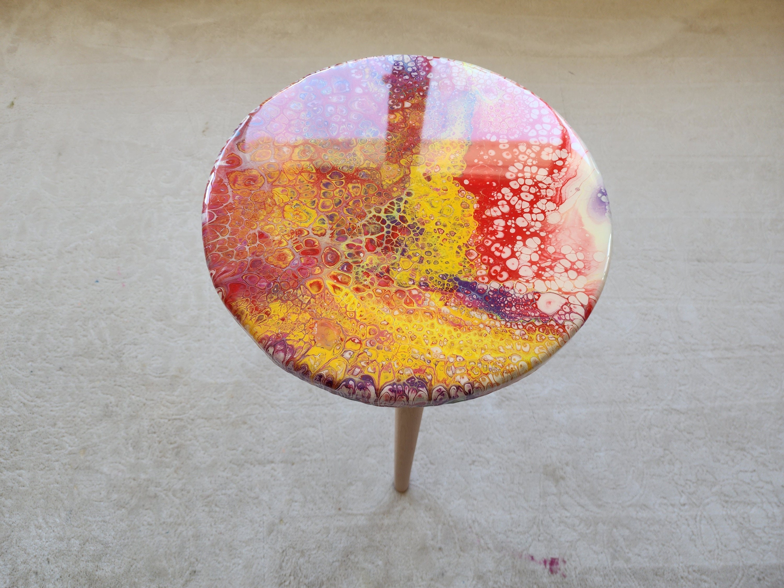Round Colorful Abstract Epoxy Resin Side Coffee Tables, Cool Red Blue Wooden Postmodern Funky Nightstand Modern Handcrafted  End Art Table