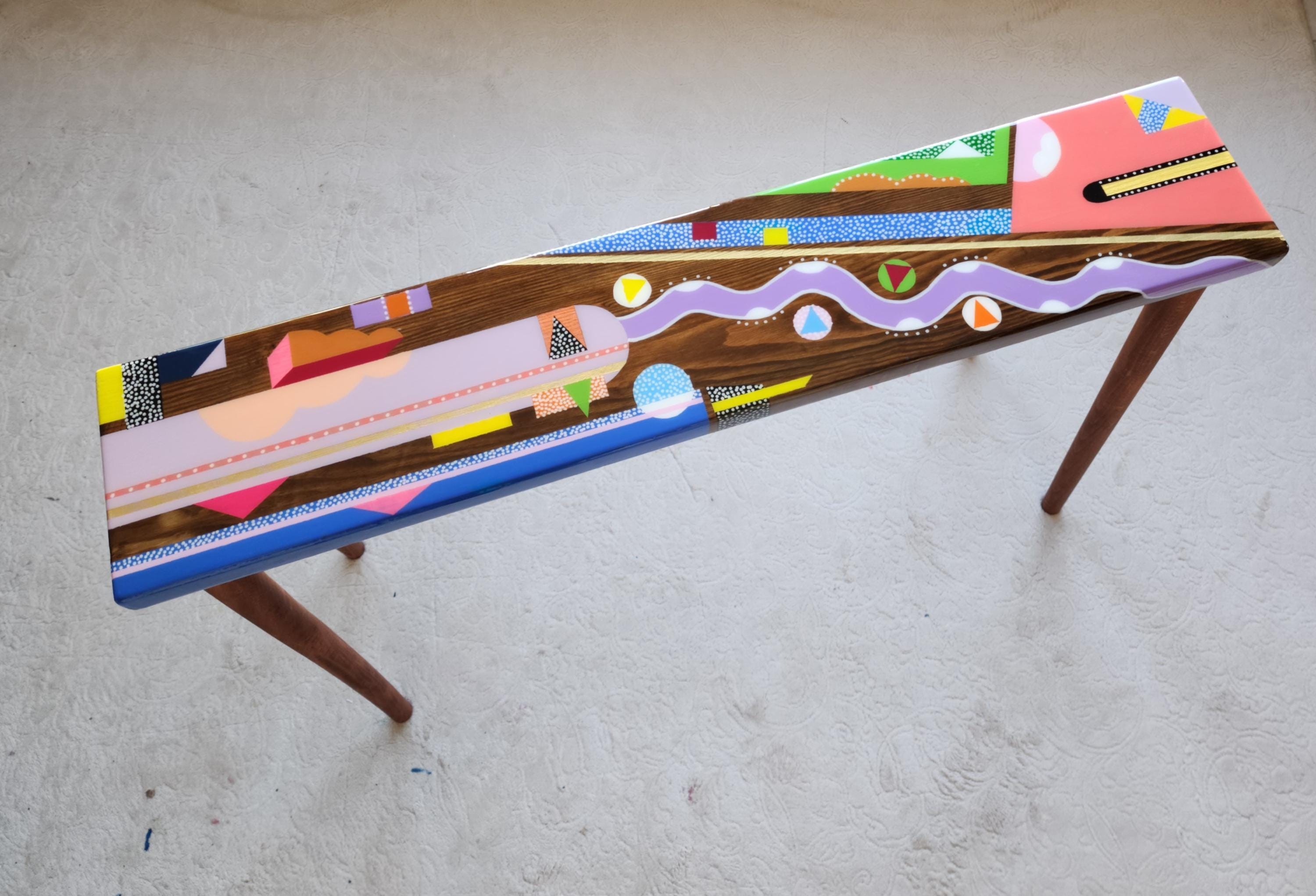 Unusual Handmade Colorful Resin Console Table,Narrow Abstract Epoxy Side Coffee Table, Funky Modern Cool Eclectic Retro Pop Art Coffee Table