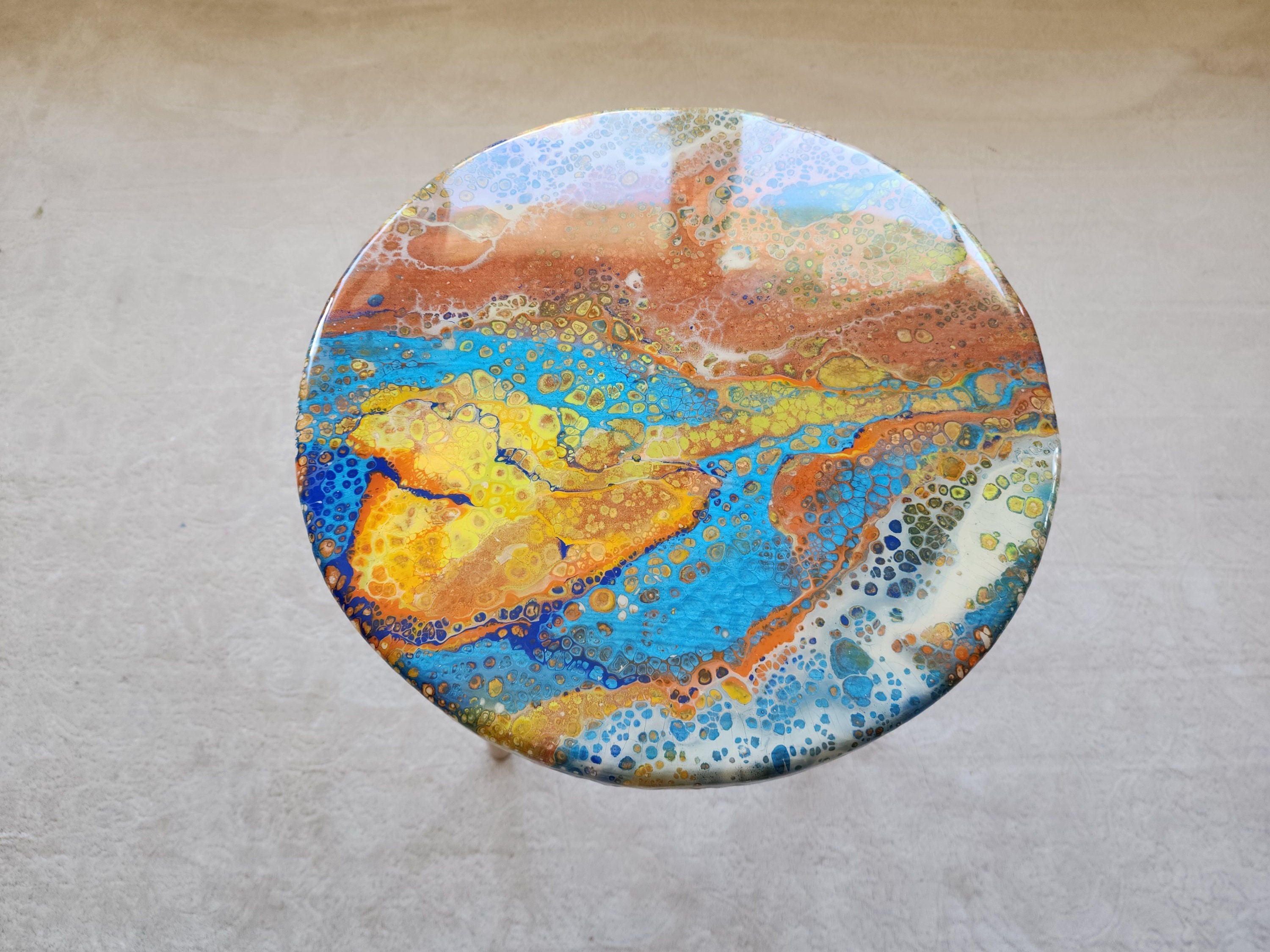 Round Colorful Abstract Epoxy Resin Side Coffee Tables, Cool Red Blue Wooden Postmodern Funky Nightstand Modern Handcrafted  End Art Table