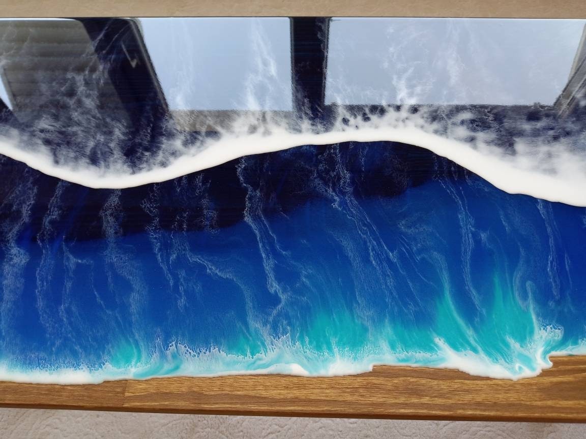 Wooden Natural Ocean Wave Resin Side Table,Blue Beach Themed Living Room Bedroom Entryway Nautical Cool Epoxy End Sofa Sea Art Coffee Table