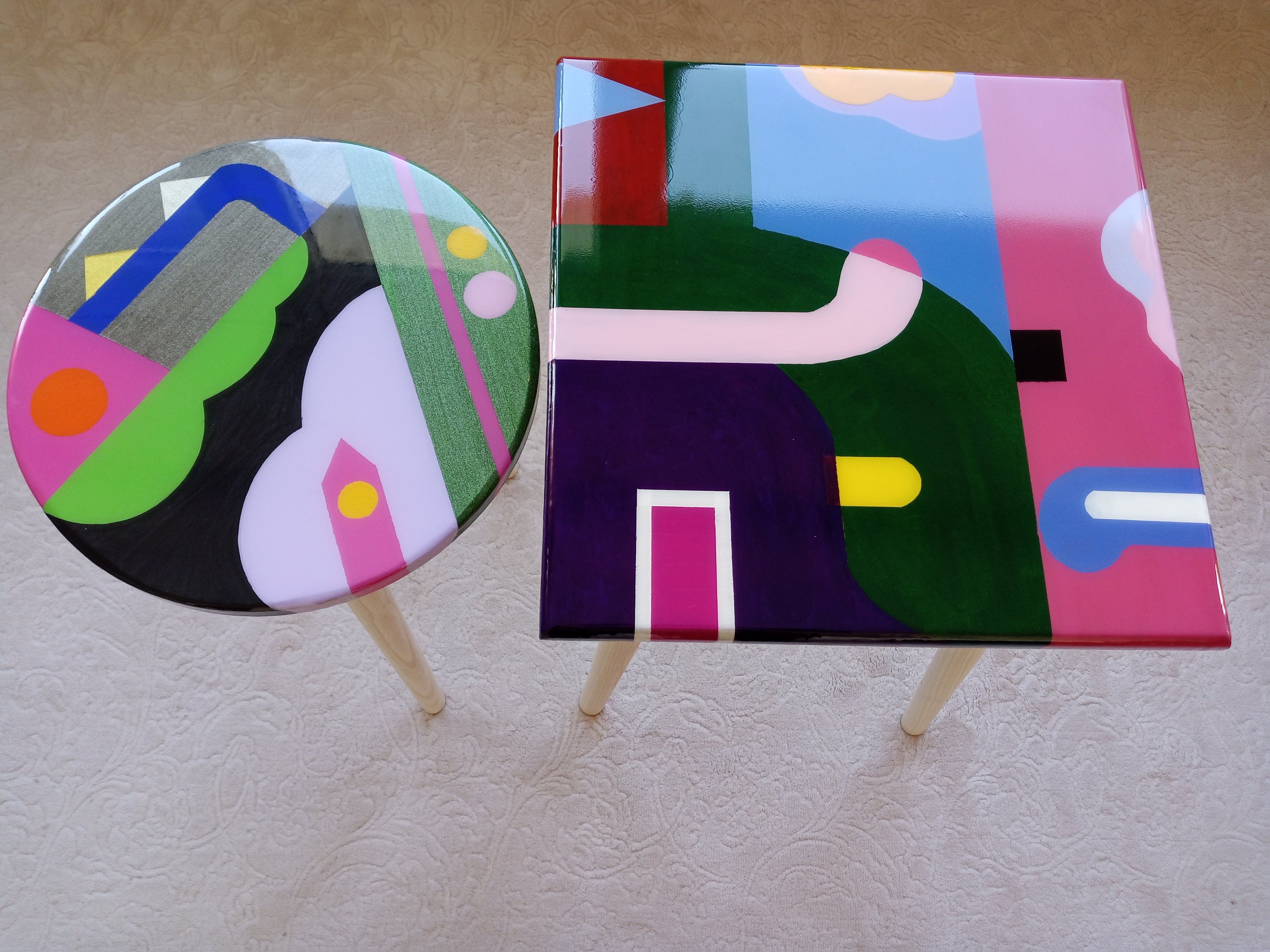 Pop Art Funky Resin Side End Coffee Tables, Modern Unique Colorful Wooden Abstract Pink Green Living Room Bedside Cool Epoxy Nesting Tables