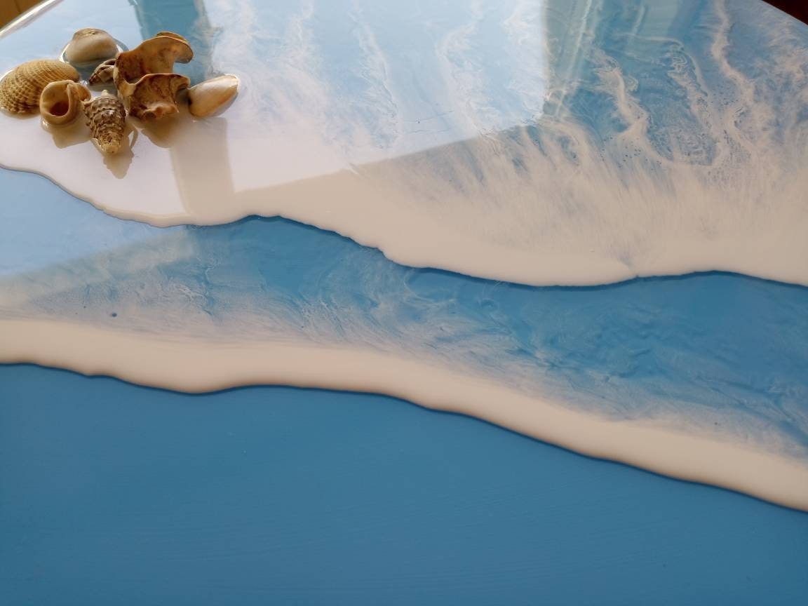 Round Ocean Wave Resin Side Coffee Tables, Unique Wooden Bedside Living Sofa End Natural Center Beach Themed Sea Art Seashells Coffee Table