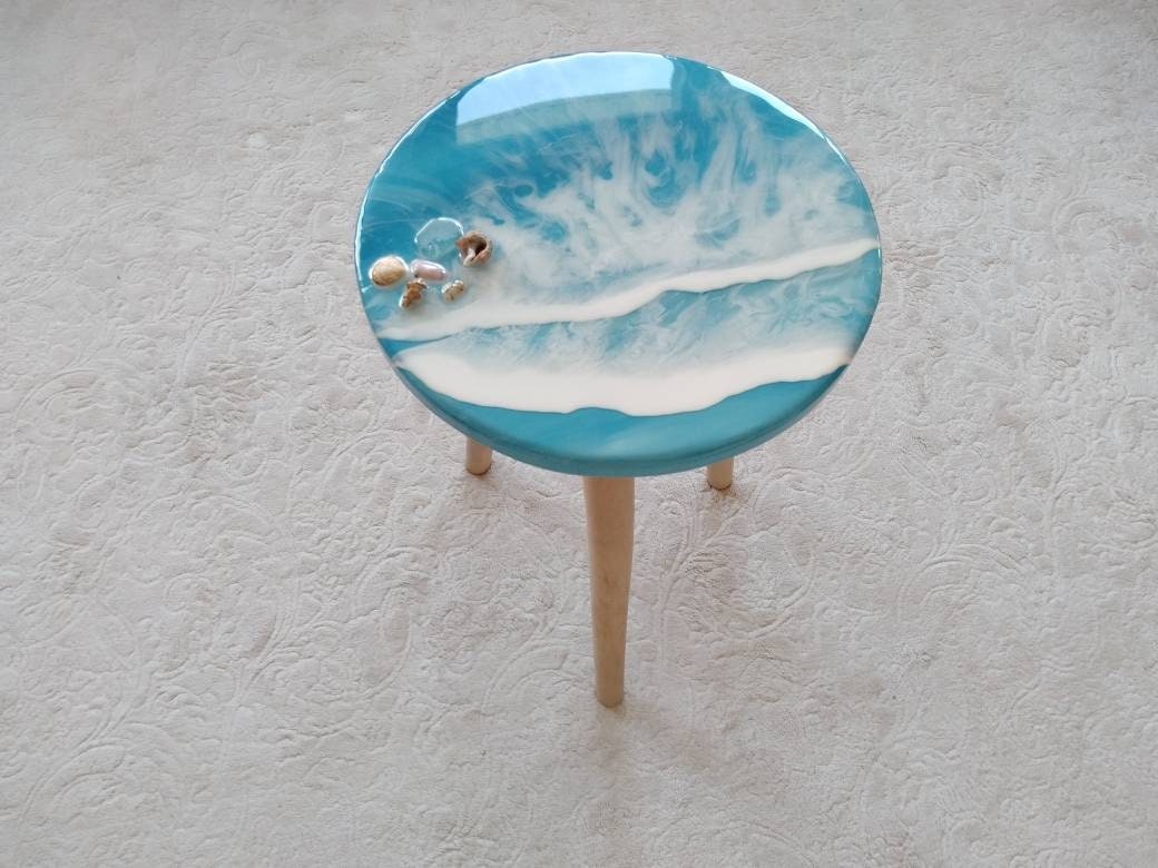Unique Blue Ocean Wave Resin Side Coffee Table,  Modern Natural Wooden Sofa End Beach House Decor,Living Room, Bedside Cool Sea Art Table
