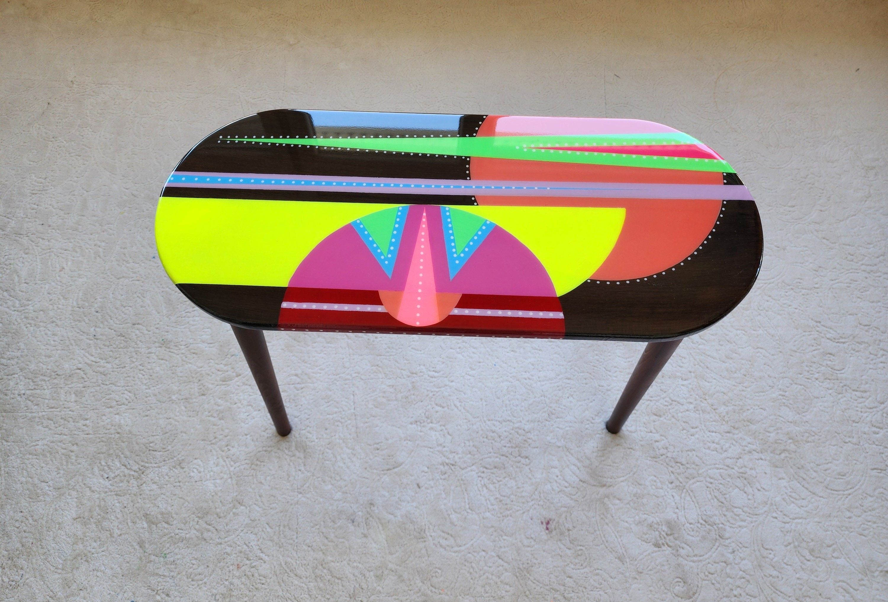 Unusual Pink Funky Colorful Side Narrow Resin Coffee Tables,Maximalist Eclectic Abstract Cool Neon Painted Leg Epoxy Cute Boho Pop Art Table