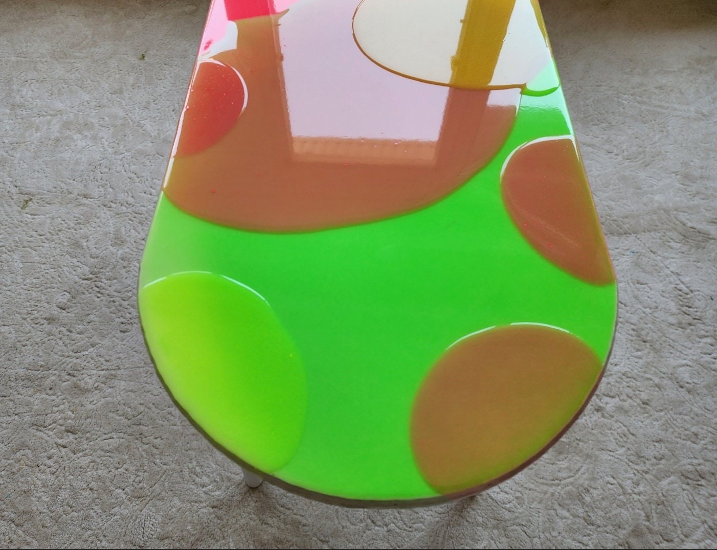Modern Colorful Abstract Resin Funky Pink Side Coffee Table, Wooden Multicolor Furniture Cool Living Room Epoxy Art Live Edge Boho End Table