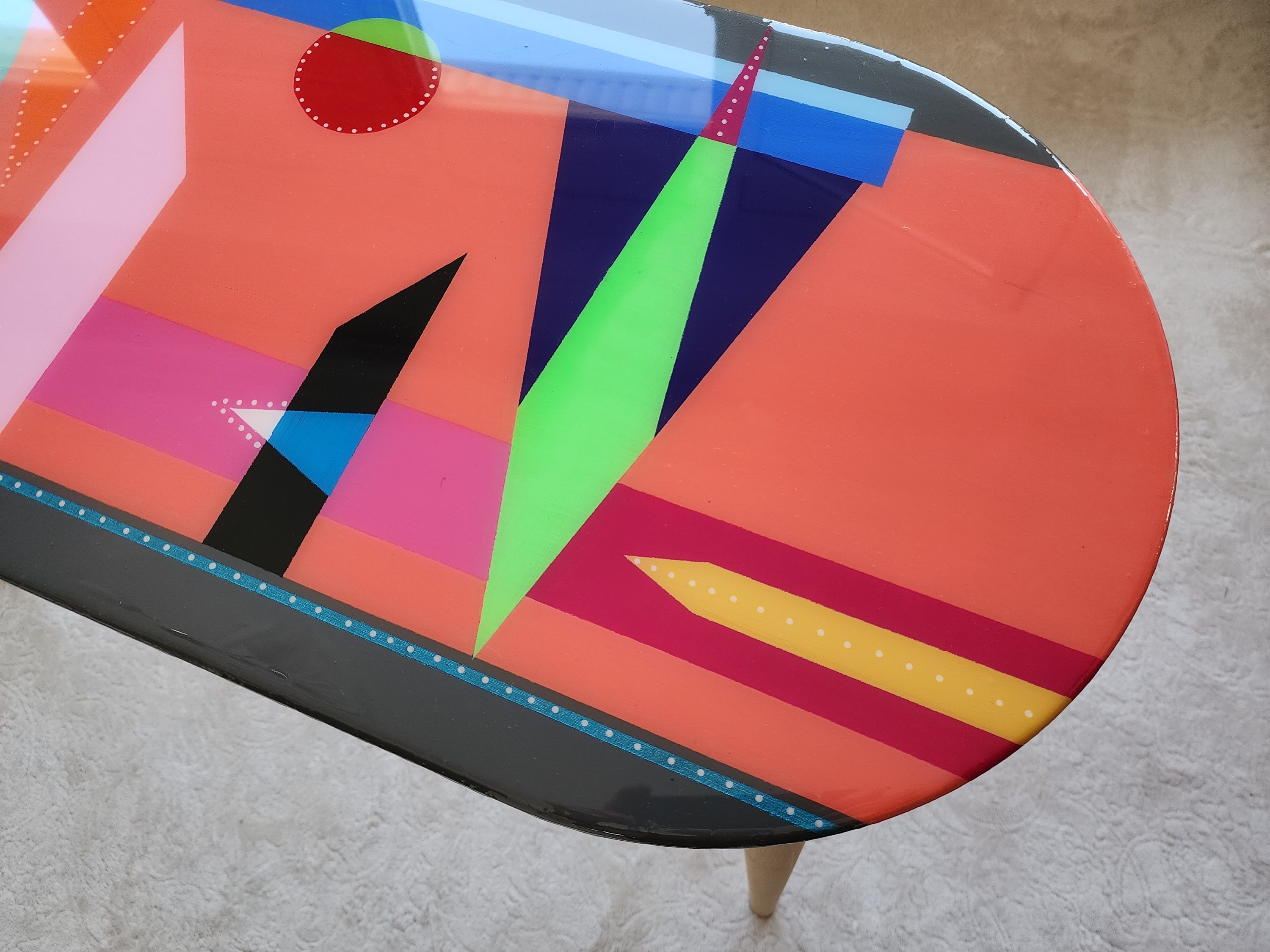 Oval Colorful Funky Abstract Epoxy Resin Side Coffee Table,Pink Black Groovy Vibrant Wooden Rainbow Retro Cool Luxury Center Art End Table