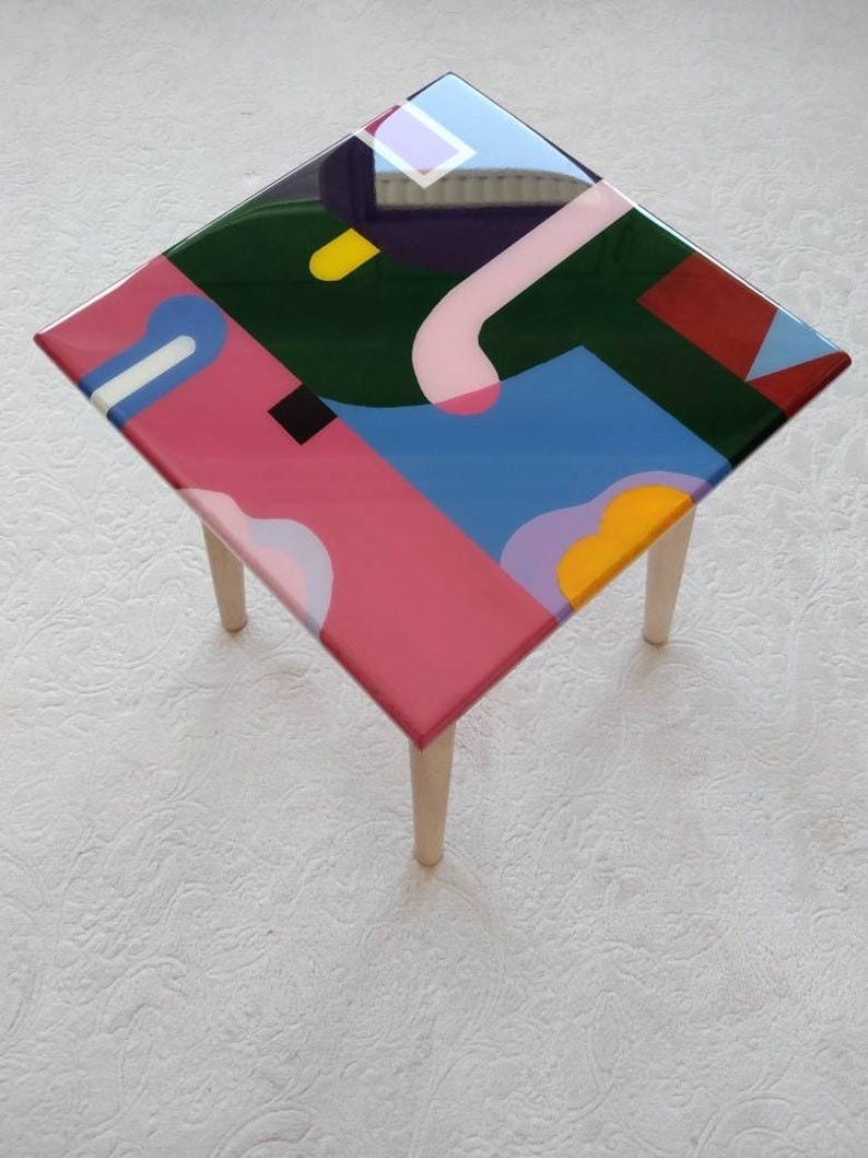Modern Small Abstract Resin Side Tables, Unique Wood Sofa End Epoxy Living Room Bedside Entryway Cool Funky Fun Pink Blue Boho Coffee Table
