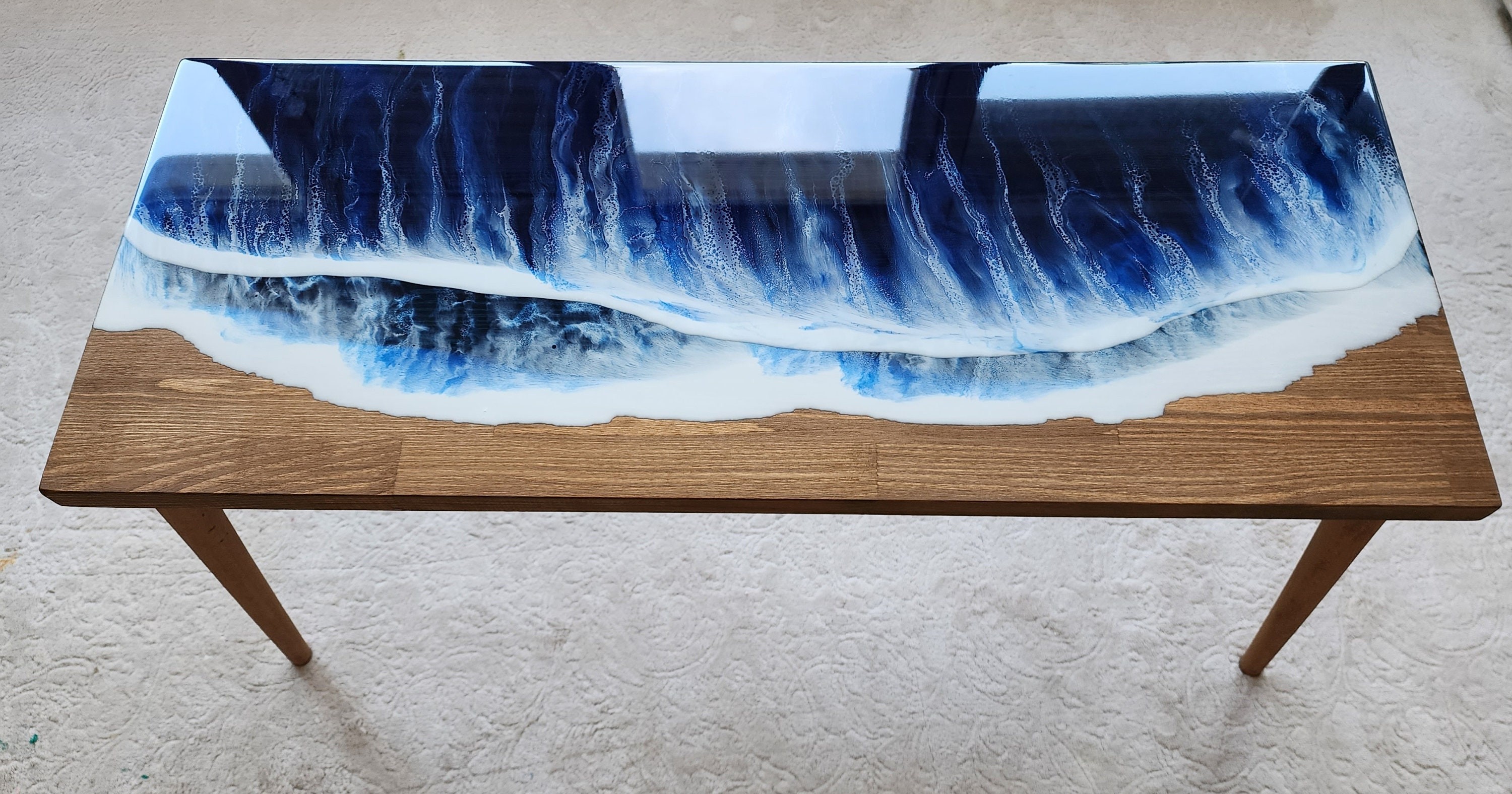 Natural Ocean Wave Blue Epoxy Resin Side Table, Wooden Beach Themed Living Room Bedroom Entryway Nautical Cool End Sofa Sea Art Coffee table