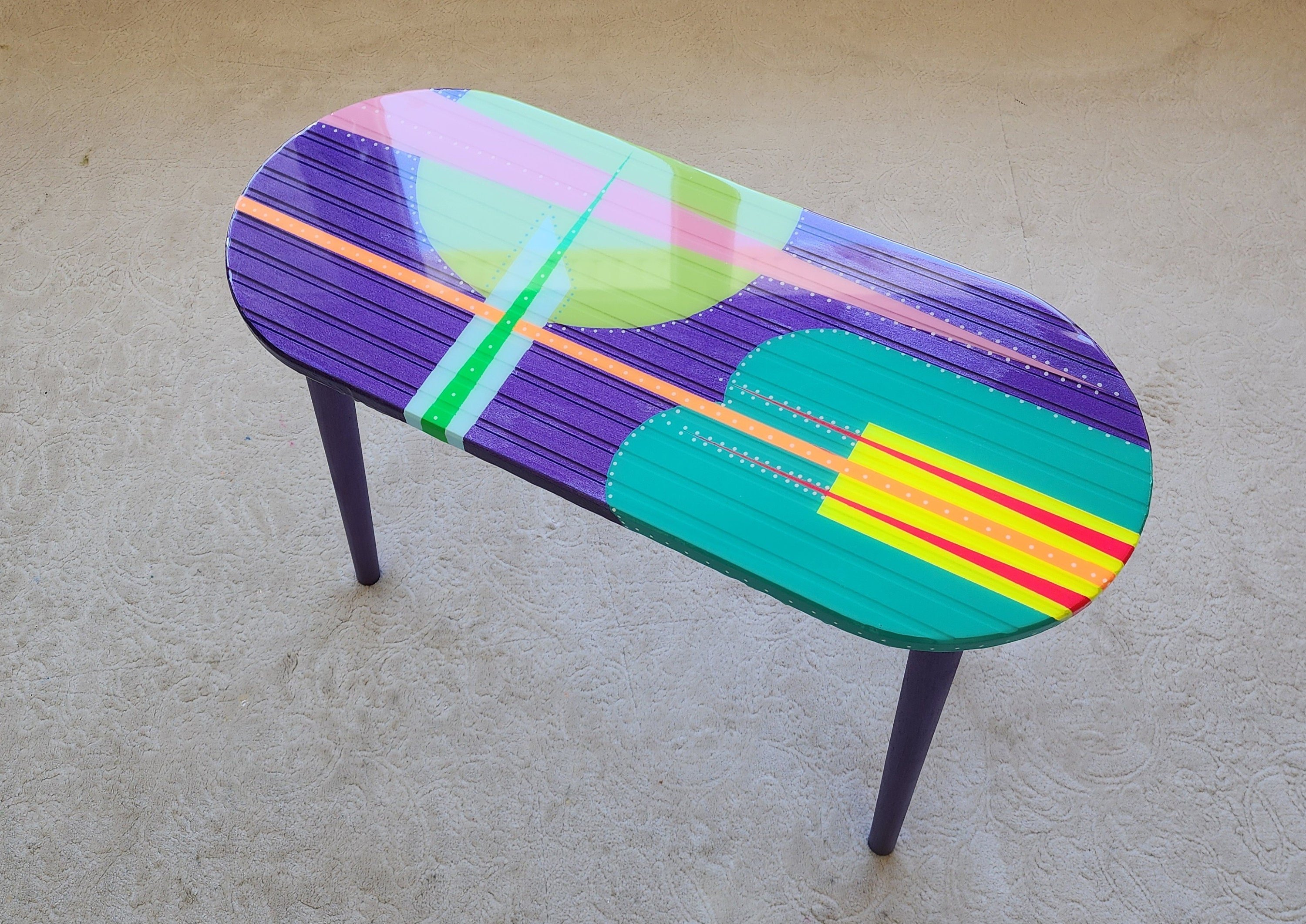 Unusual Oval Purple Funky Colorful Side Resin Coffee Table, Maximalist Eclectic Abstract Cool Neon Painted Leg Epoxy Cute Boho Pop Art Table