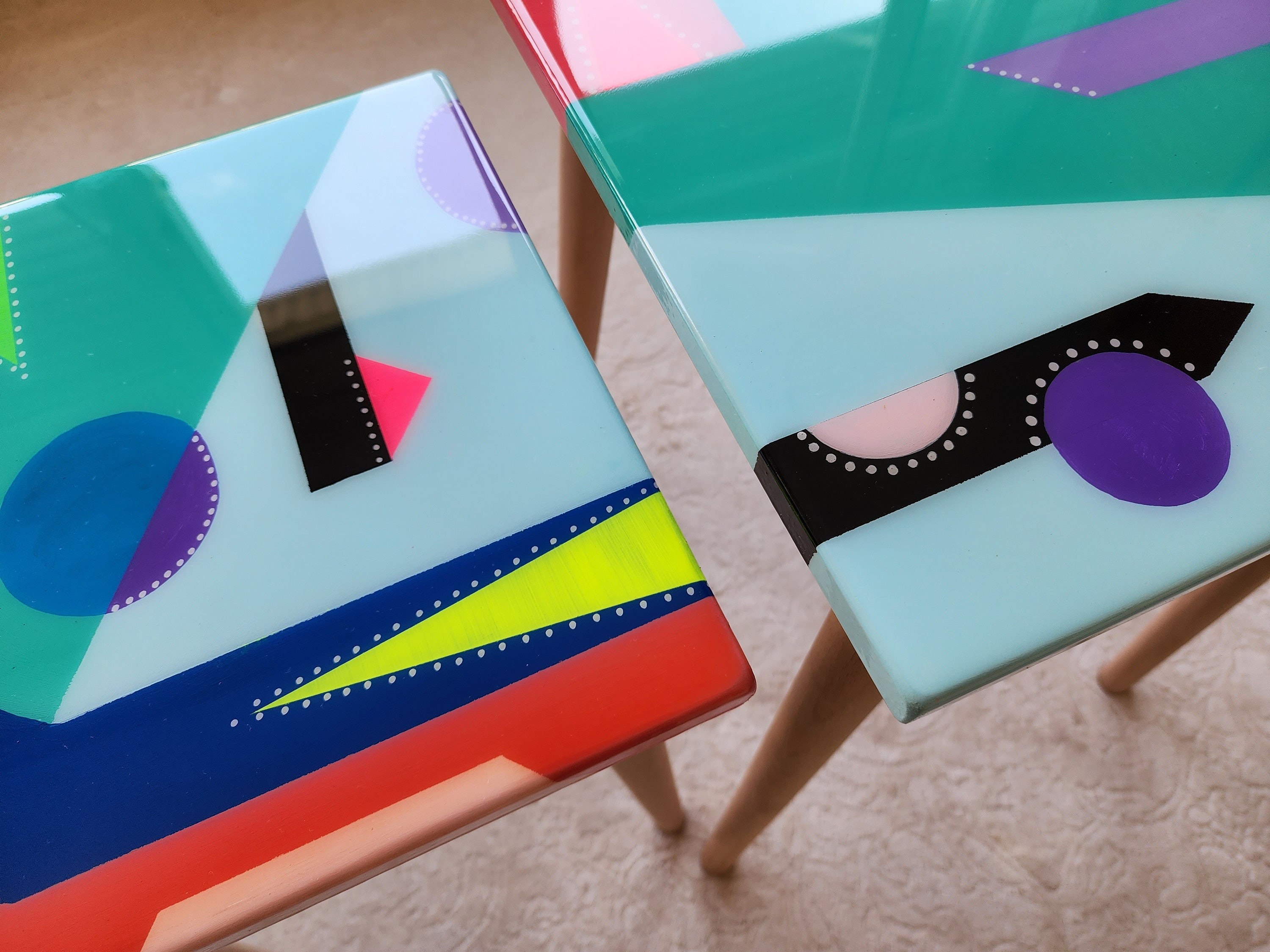 Unusual Epoxy Resin Colorful Abstract Side Coffee Tables, Eclectic Furniture, Blue Pink Modern Small Wooden Funky Pop Art Cool End Tables