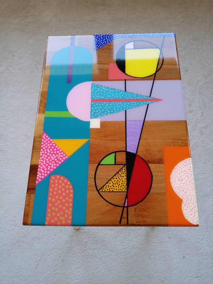 Colorful Hand Painted Funky Resin Side End Tables, Unique Pink Blue Abstract Bedside Living Room Entryway Boho 80s Epoxy Art Coffee Table