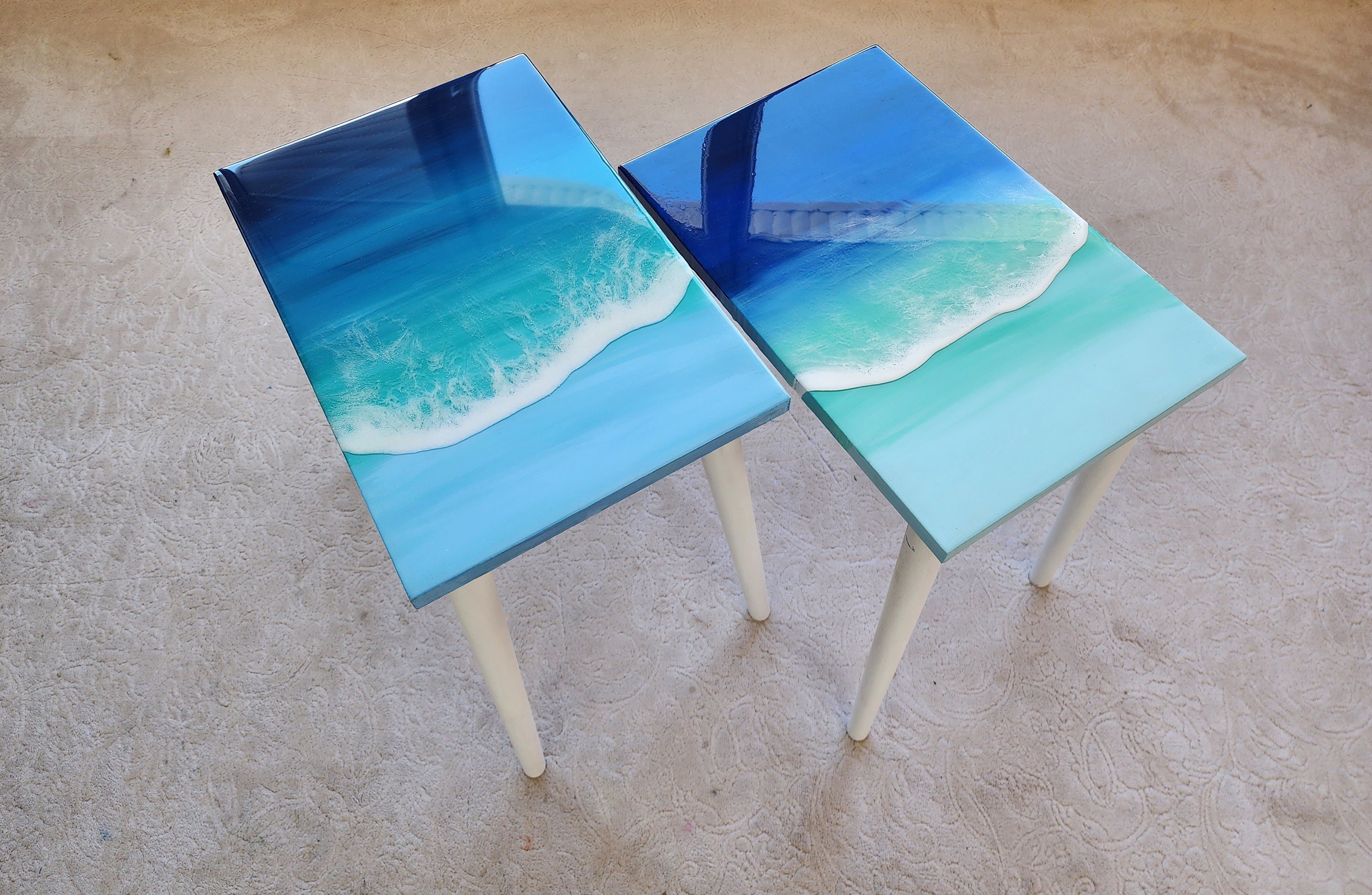 Natural Epoxy Resin Coffee Beach Side Tables With Ocean Wave Design, Handmade Wooden Blue White Sea Tables In Nautical Style, Coastal Tables