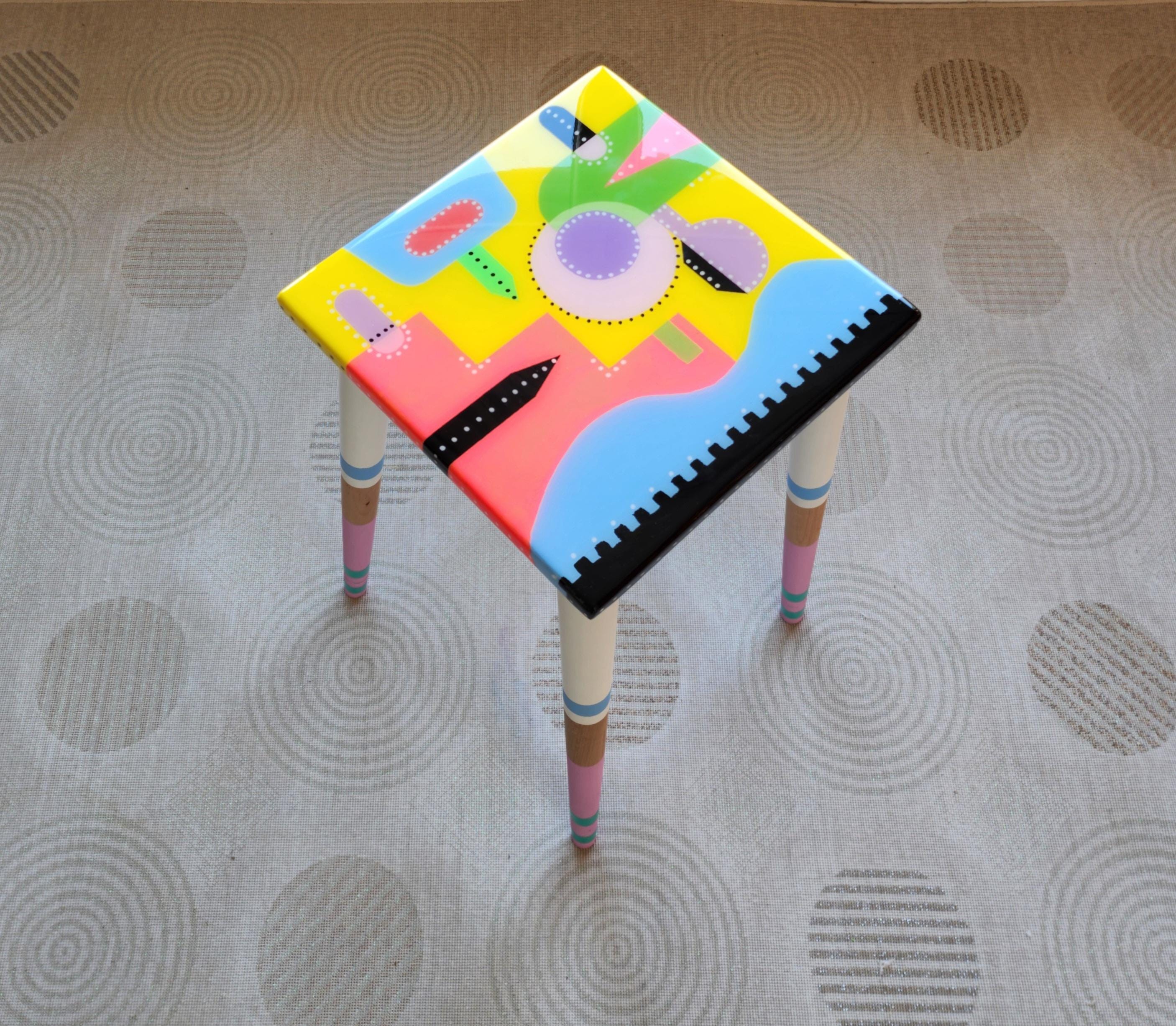 Unusual Yellow Funky Colorful Side End Resin Coffee Table,Geometric Modern Eclectic Abstract Cool Neon Painted Leg Epoxy  Boho Pop Art Table