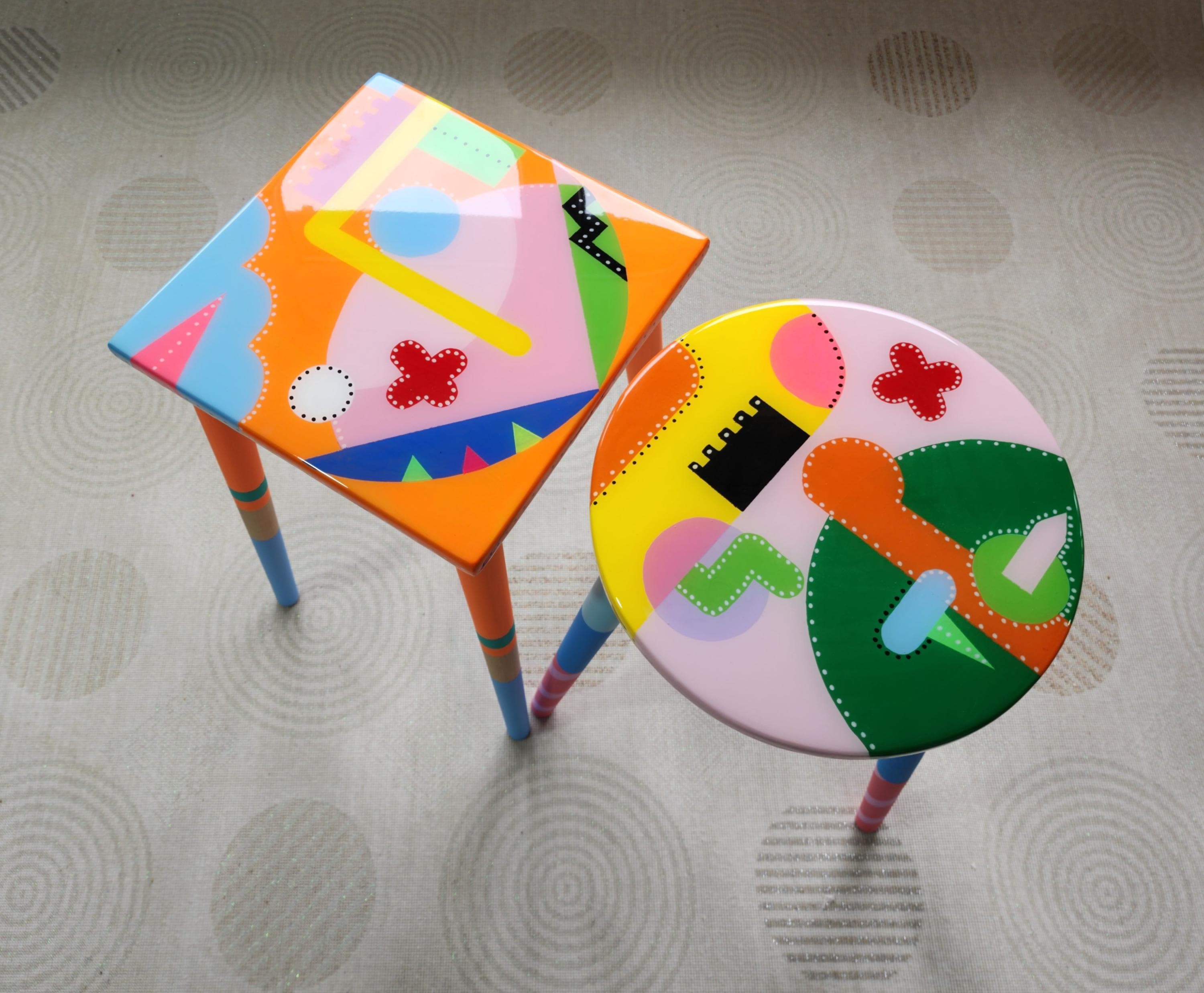 Colorful Funky Abstract Cool Furniture,Resin Side Coffee Tables Wooden Modern Pink Orange Acrylic Painted Quirky Bedside Cute Art Nightstand