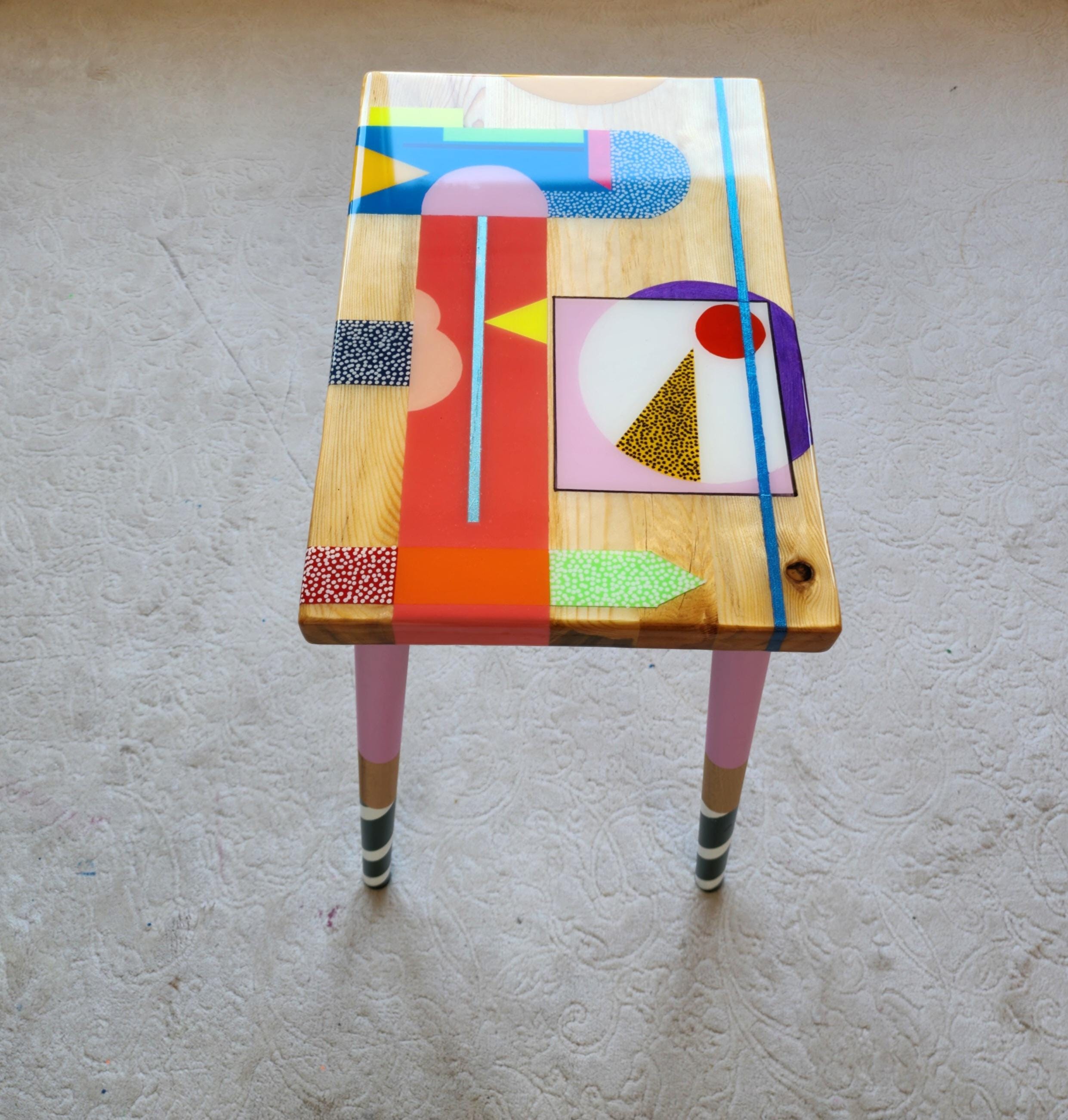 Small Wooden Handmade Resin Cool Side Coffee Table,Pink Modern Bedside Living Room Entryway End Colorful Abstract Funky Boho Epoxy Art Table