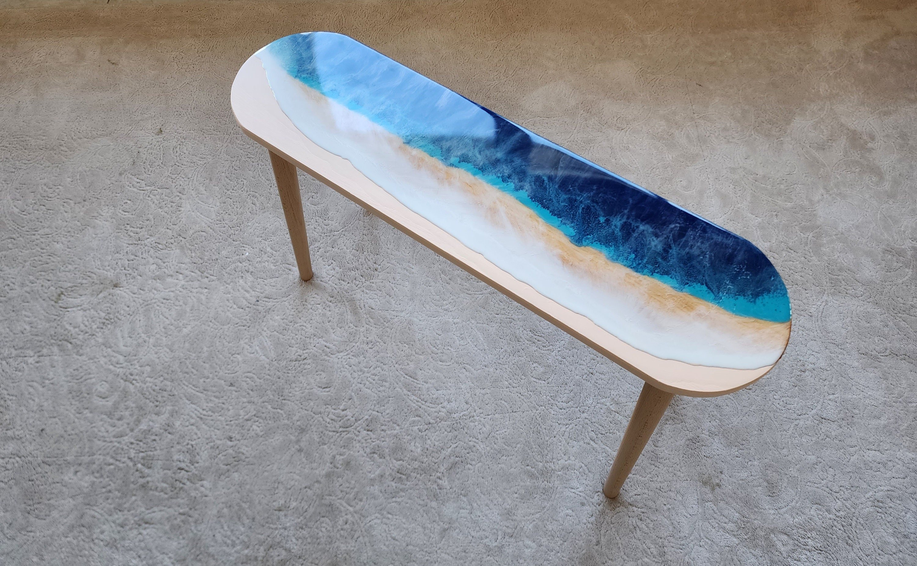 Natural Oval Epoxy Resin Ocean Wave Side Coffee Table, Beach House Decor Blue Coastal Nautical Sea Themed Entryway Bedside Bedroom End Table