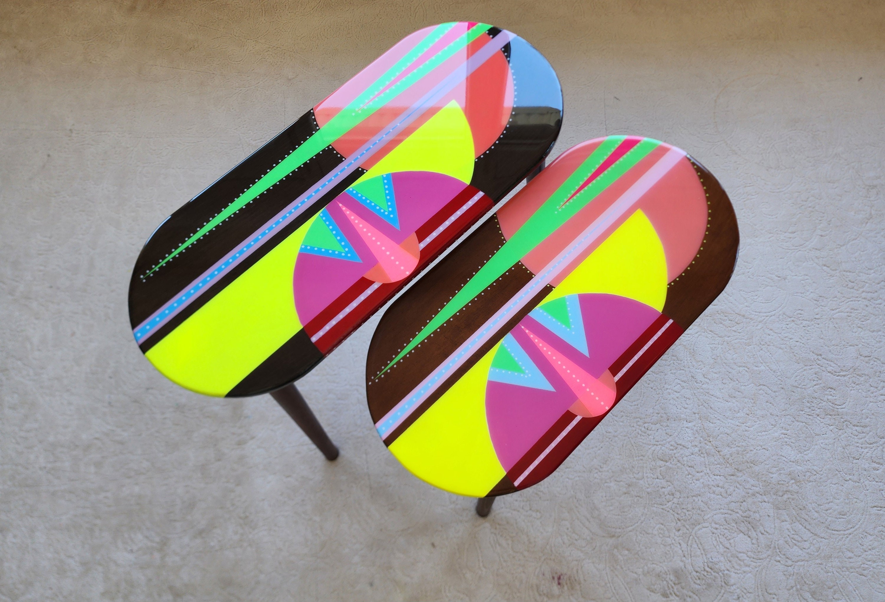 Unusual Pink Funky Colorful Side Narrow Resin Coffee Tables,Maximalist Eclectic Abstract Cool Neon Painted Leg Epoxy Cute Boho Pop Art Table