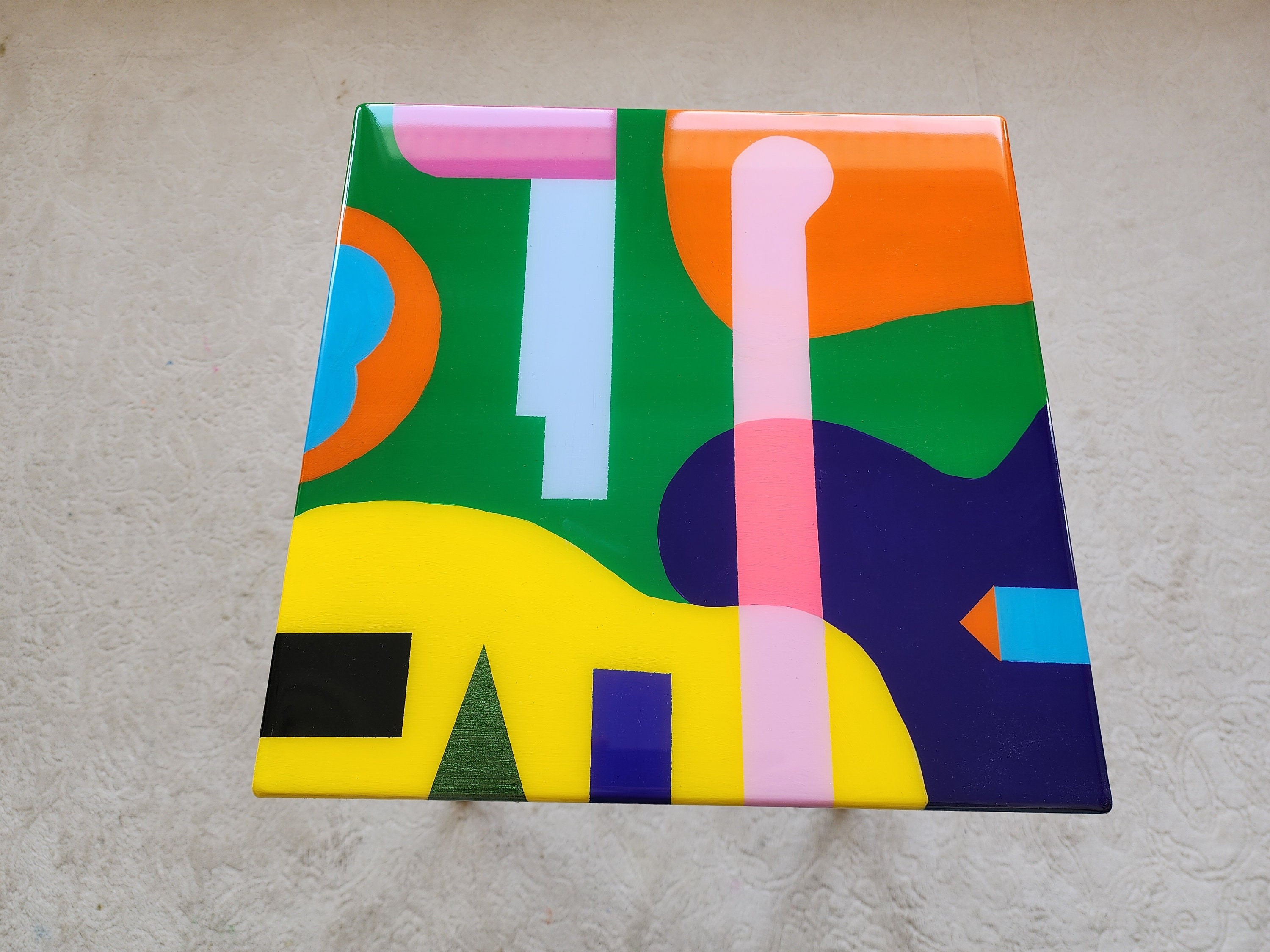 Square Colorful Funky Abstract Boho Resin Table,Pink Green Groovy Vibrant Wood Rainbow Retro Hippi End Side Cool Luxury Center Coffee Table
