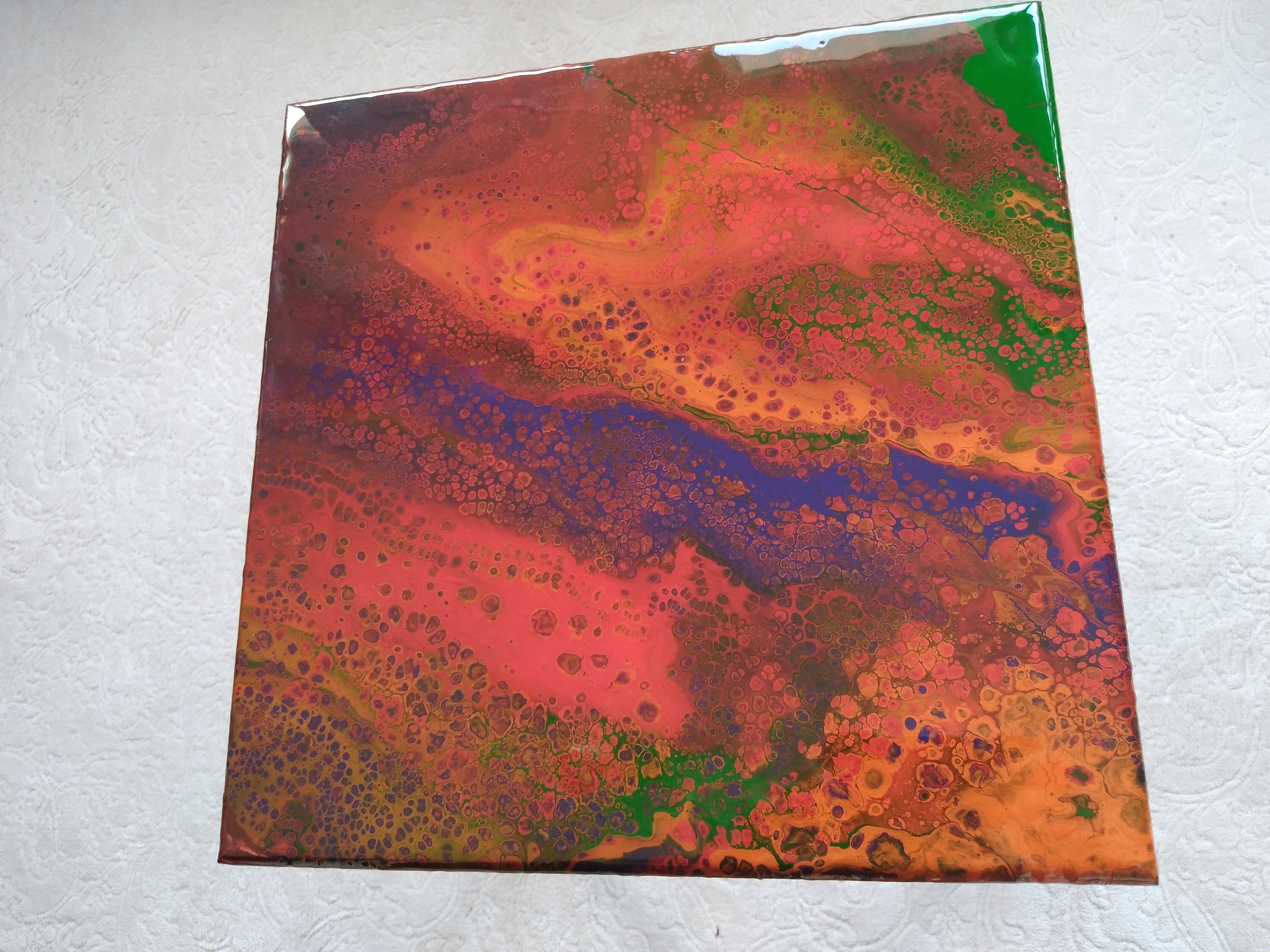 Small Boho Resin Wood Side Coffee Table, Modern Square Wooden Red Blue Unique End Low Sofa Bedside Bedroom Abstract Epoxy Art Coffee Table