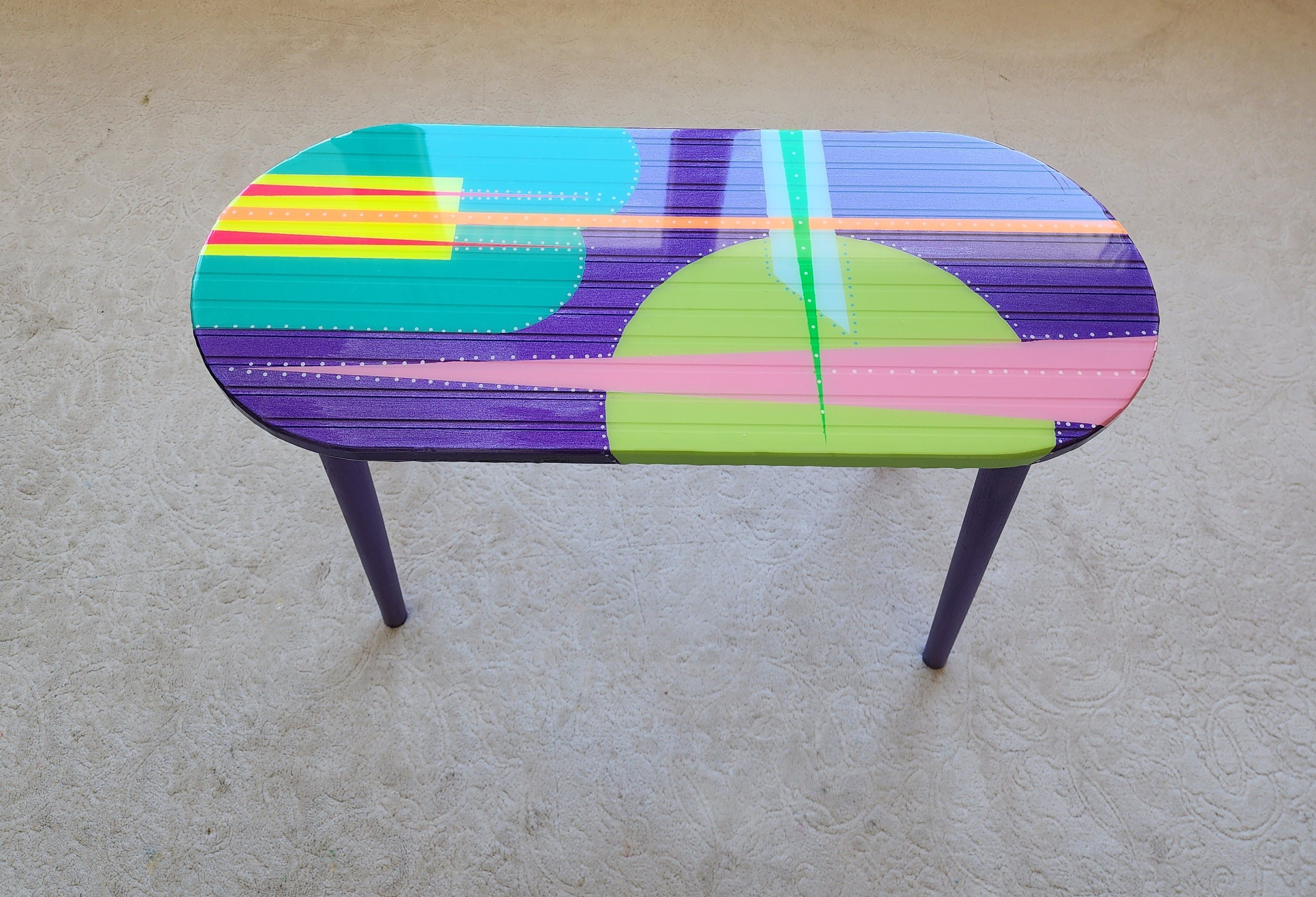 Unusual Oval Purple Funky Colorful Side Resin Coffee Table, Maximalist Eclectic Abstract Cool Neon Painted Leg Epoxy Cute Boho Pop Art Table