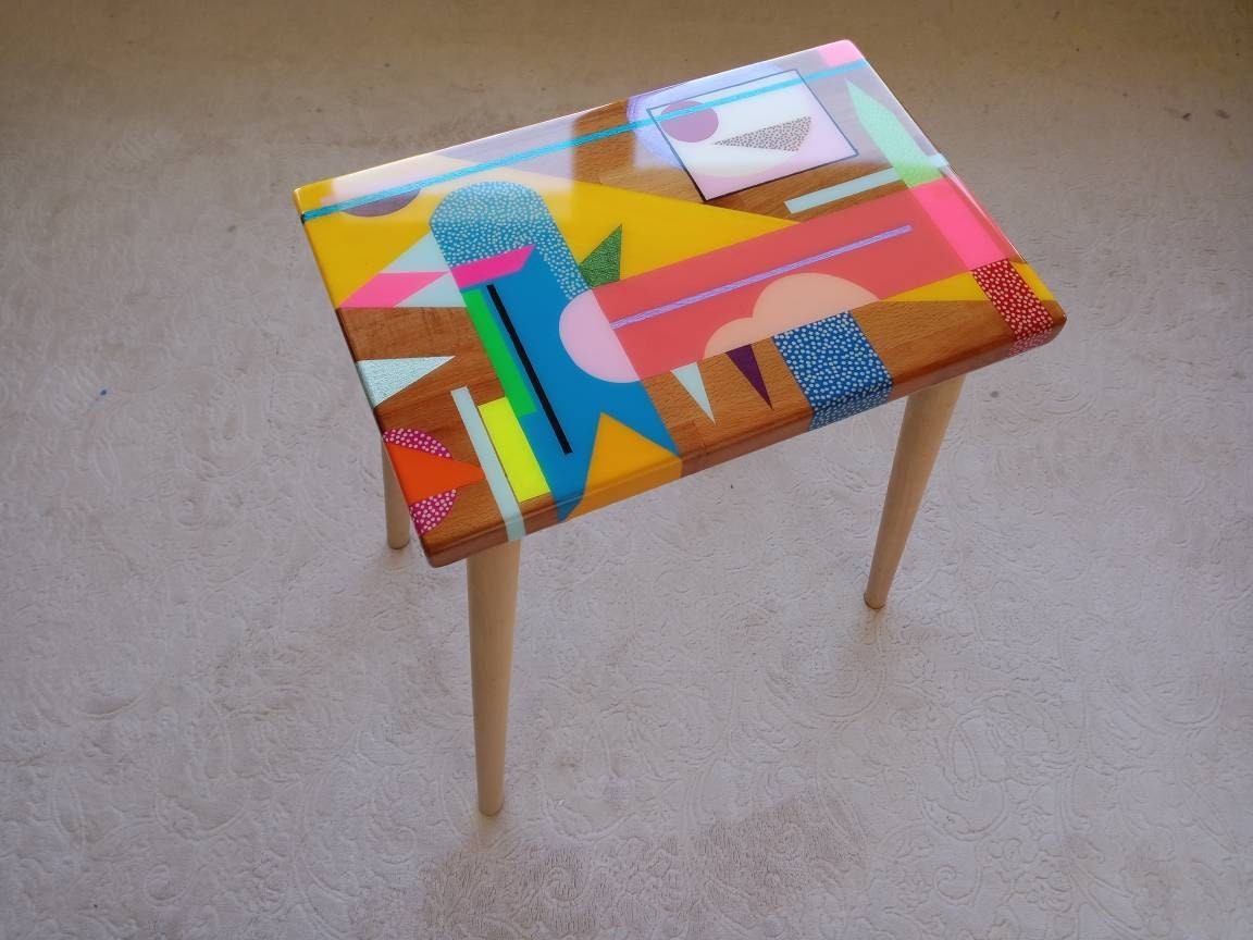 Wooden Resin Boho Side Funky Coffee Table, Modern Handmade Cool Bedside Living Room Entryway End Sofa Middle Colorful Abstract Small Table