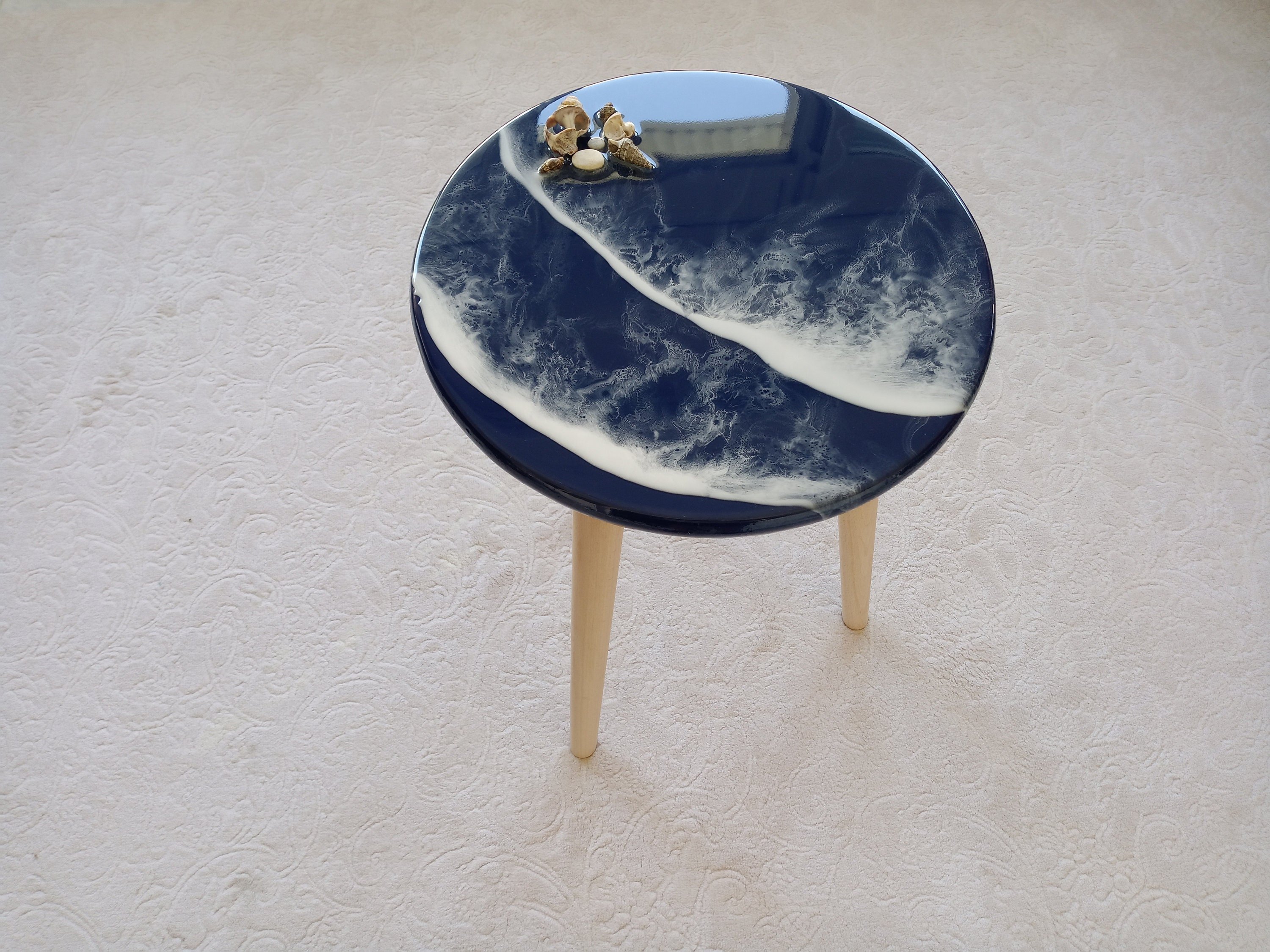 Dark Blue Ocean Wave Resin Side Coffee Table, Round Small Unique Beach House Decor,Living Room Bedside Natural Coastal Cool End Art Table