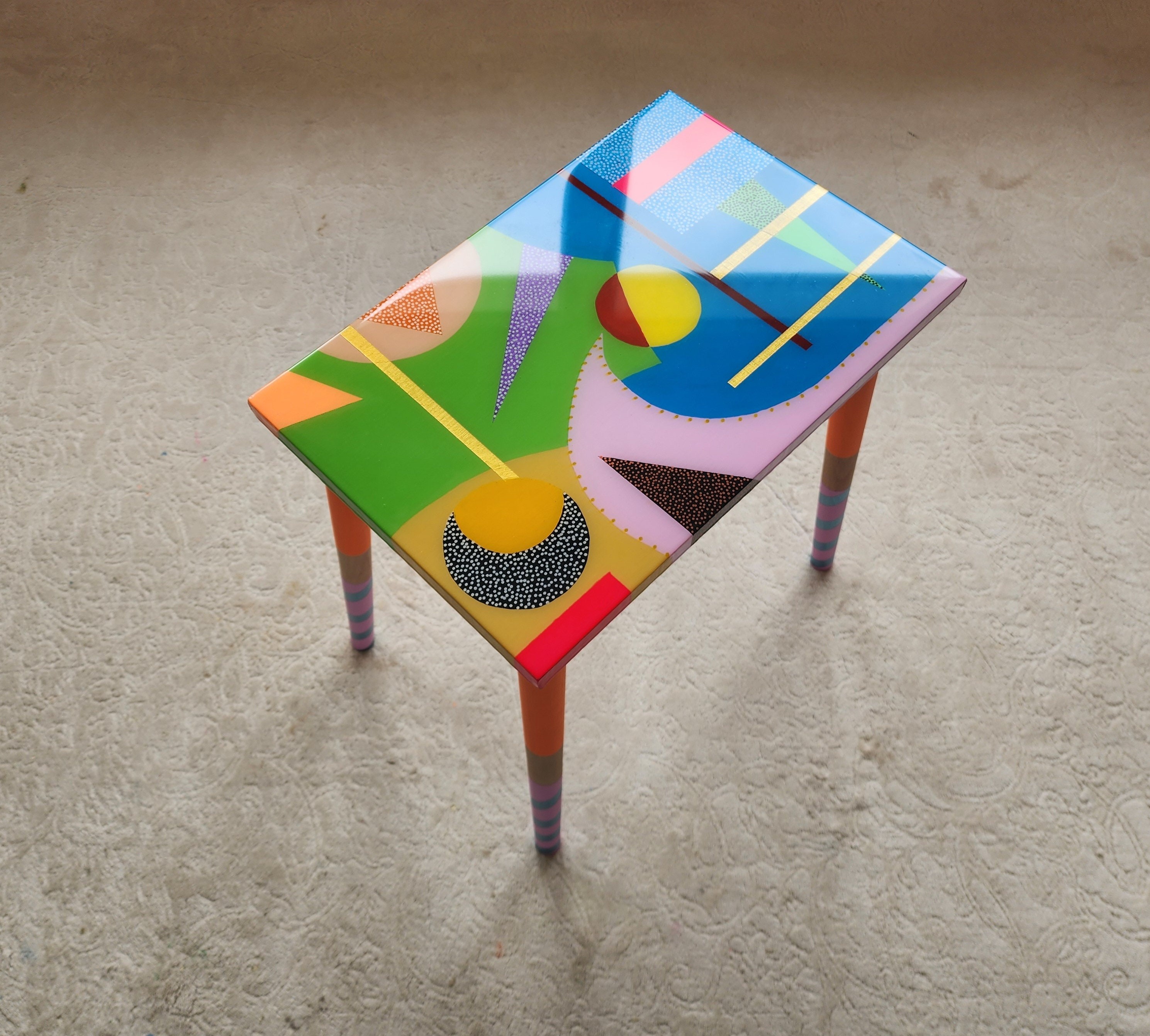 Unusual Unique Wooden Retro Epoxy Resin Blue Green Side Coffee Table