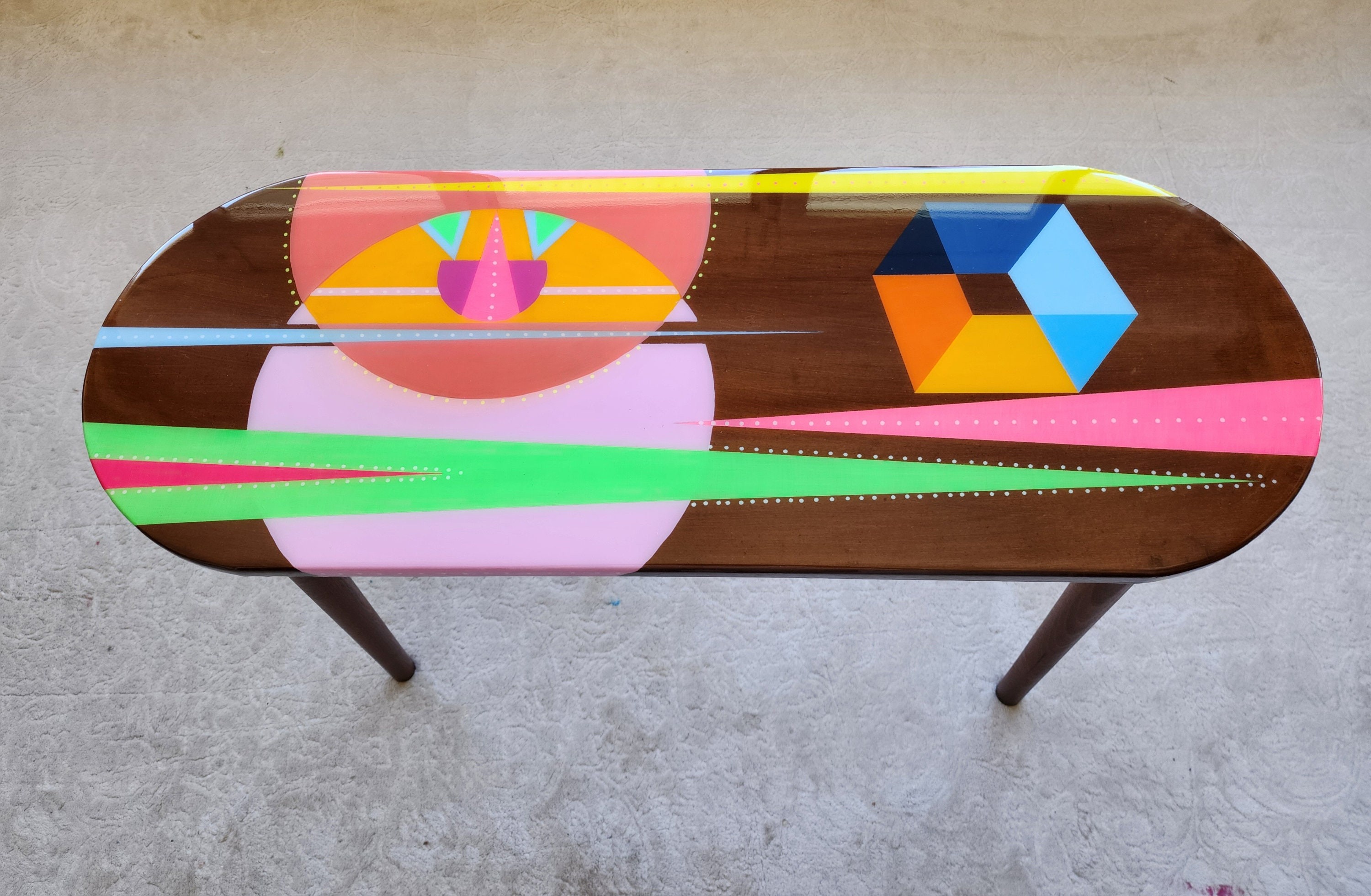 Oval Handmade Funky Colorful Resin Side Coffee Table,Wooden Retro Vintage Abstract Painted Pop Art Living Room Cool Pink Brown Unusual Table