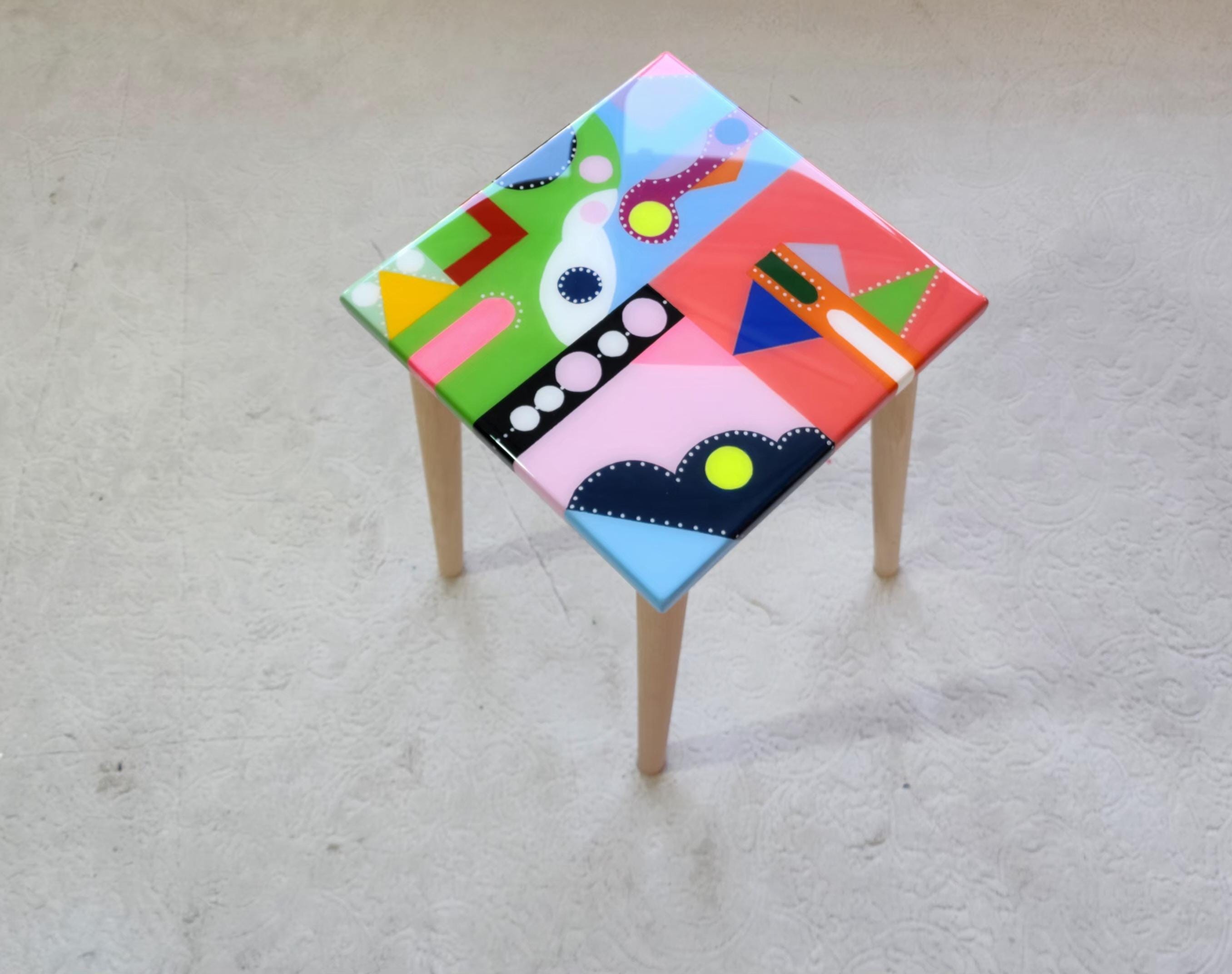 Colorful Small Funky Hand Painted Epoxy Resin Side Coffee Tables