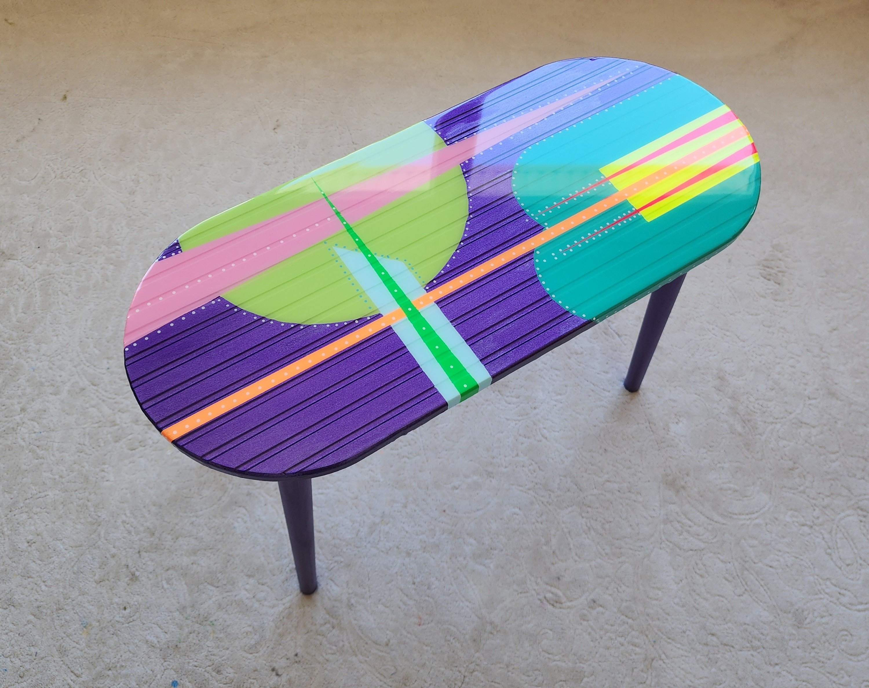 Unusual Oval Purple Funky Colorful Side Resin Coffee Table, Maximalist Eclectic Abstract Cool Neon Painted Leg Epoxy Cute Boho Pop Art Table