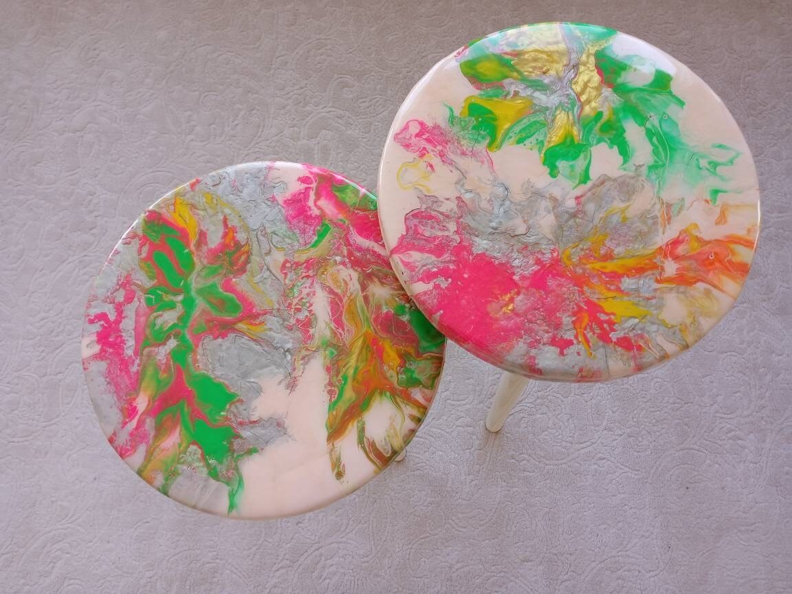Round Abstract Pink Green Epoxy Resin Side Coffee Tables