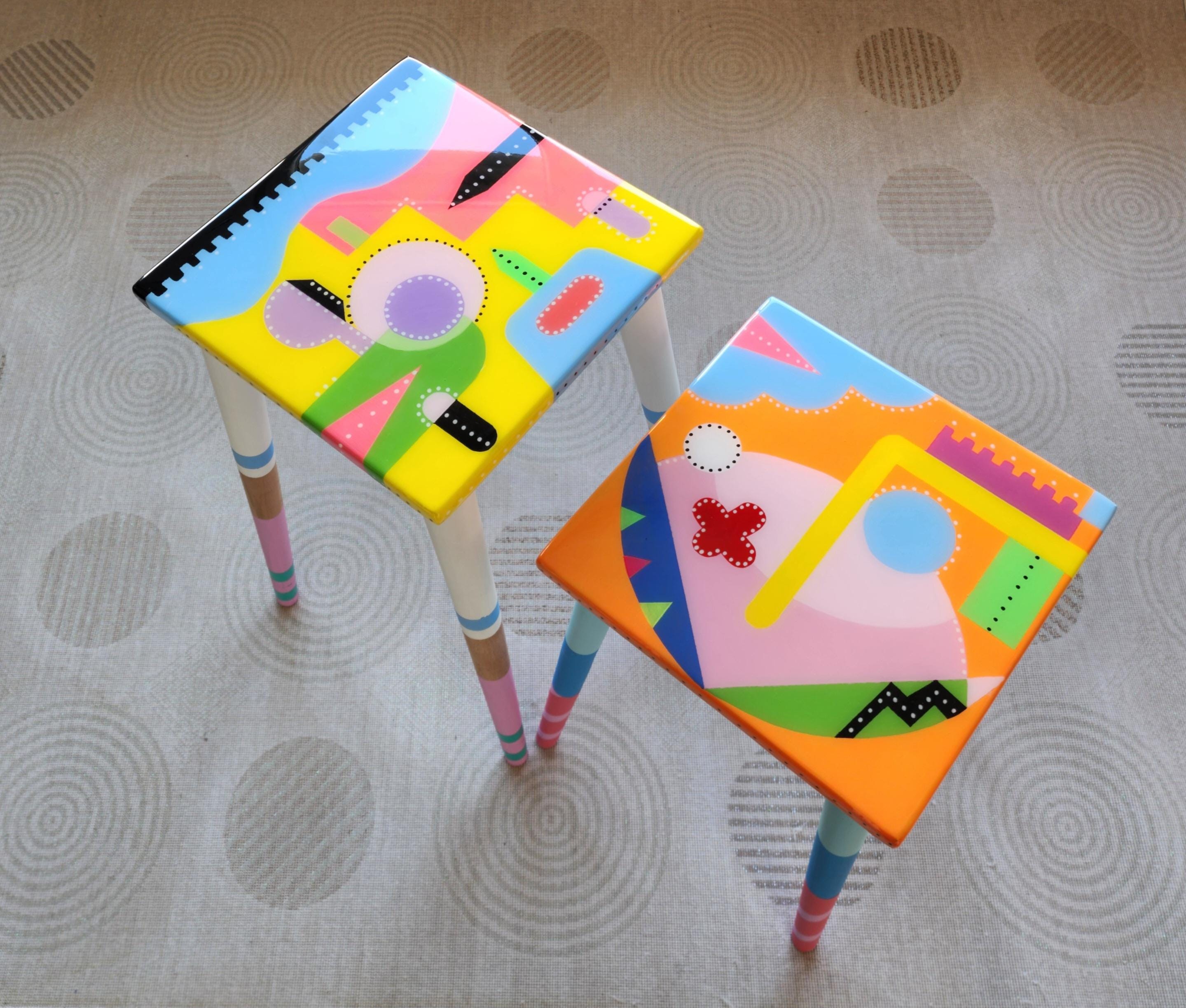 Colorful Painted Funky Abstract Cool Resin Side Coffee Tables,Wooden Modern Pink Orange Acrylic Quirky Bedside Furniture Cute Art Nightstand