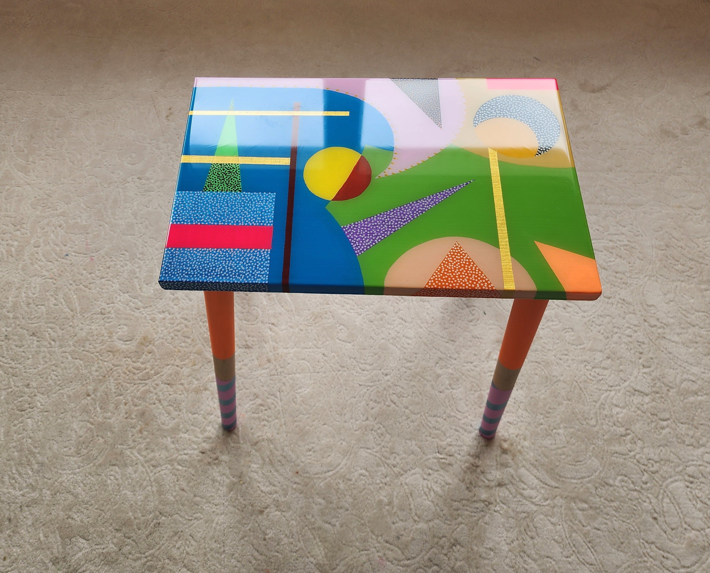 Unusual Unique Wooden Retro Epoxy Resin Blue Green Side Coffee Table
