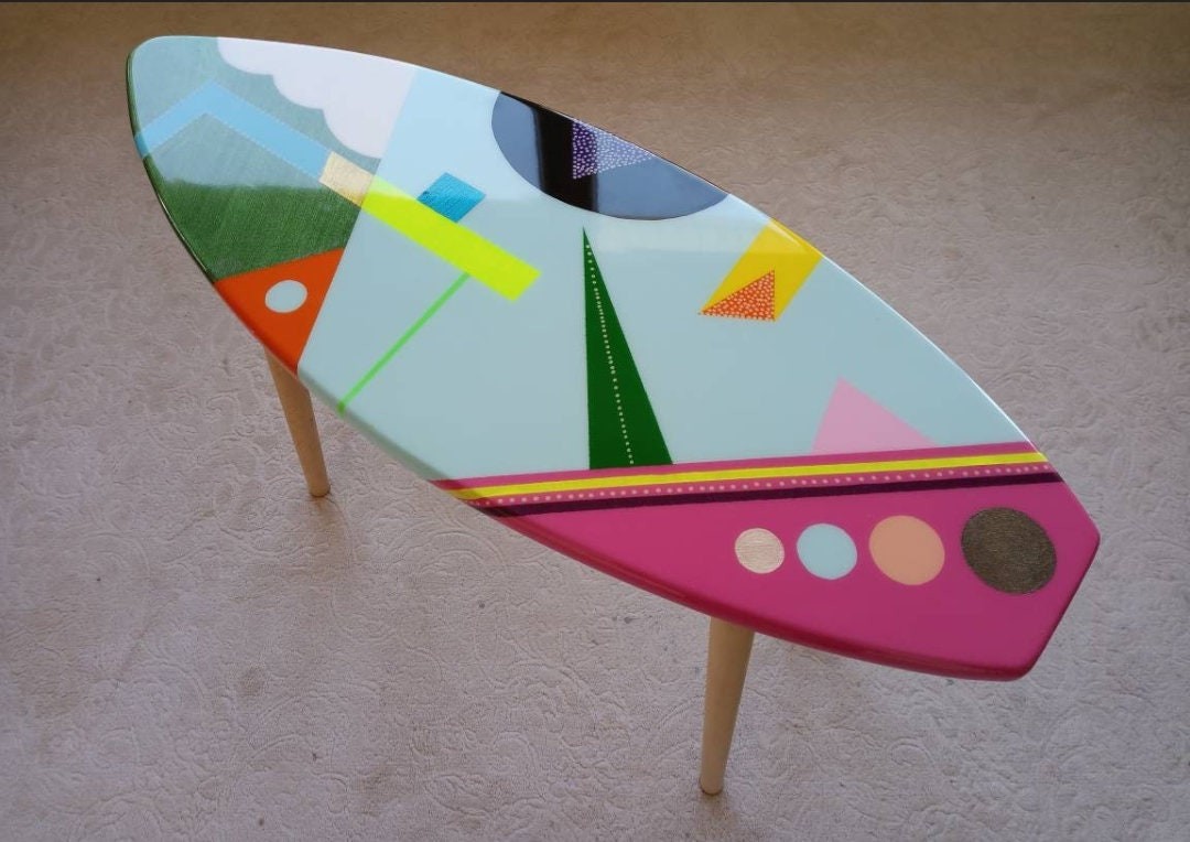 Colorful Abstract Vibrant Rainbow Resin Surfboard Table, Blue Stylish Marine Beach House Decor,Side End Pop Art Funky Cool Epoxy Cute Table