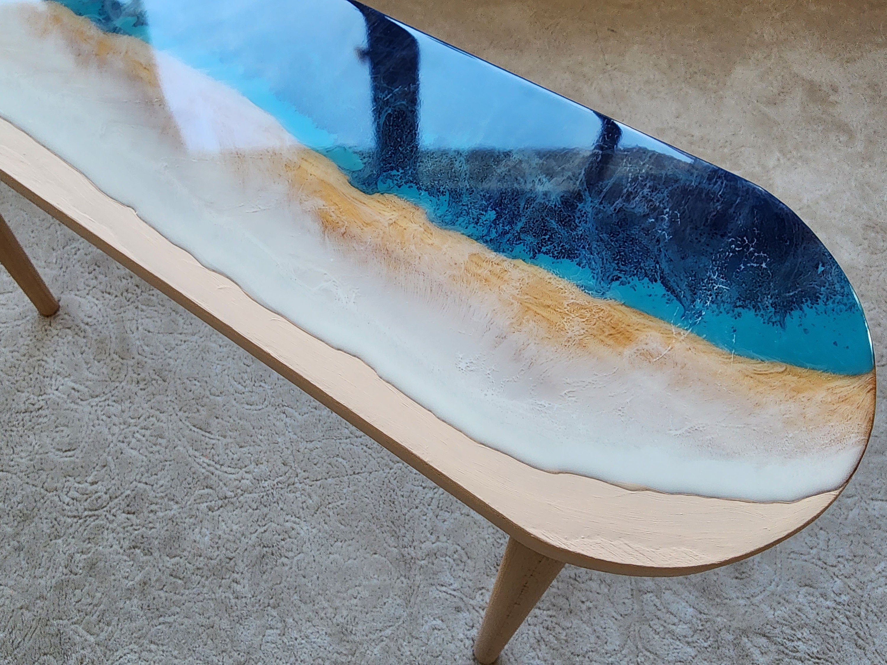 Natural Oval Epoxy Resin Ocean Wave Side Coffee Table, Beach House Decor Blue Coastal Nautical Sea Themed Entryway Bedside Bedroom End Table