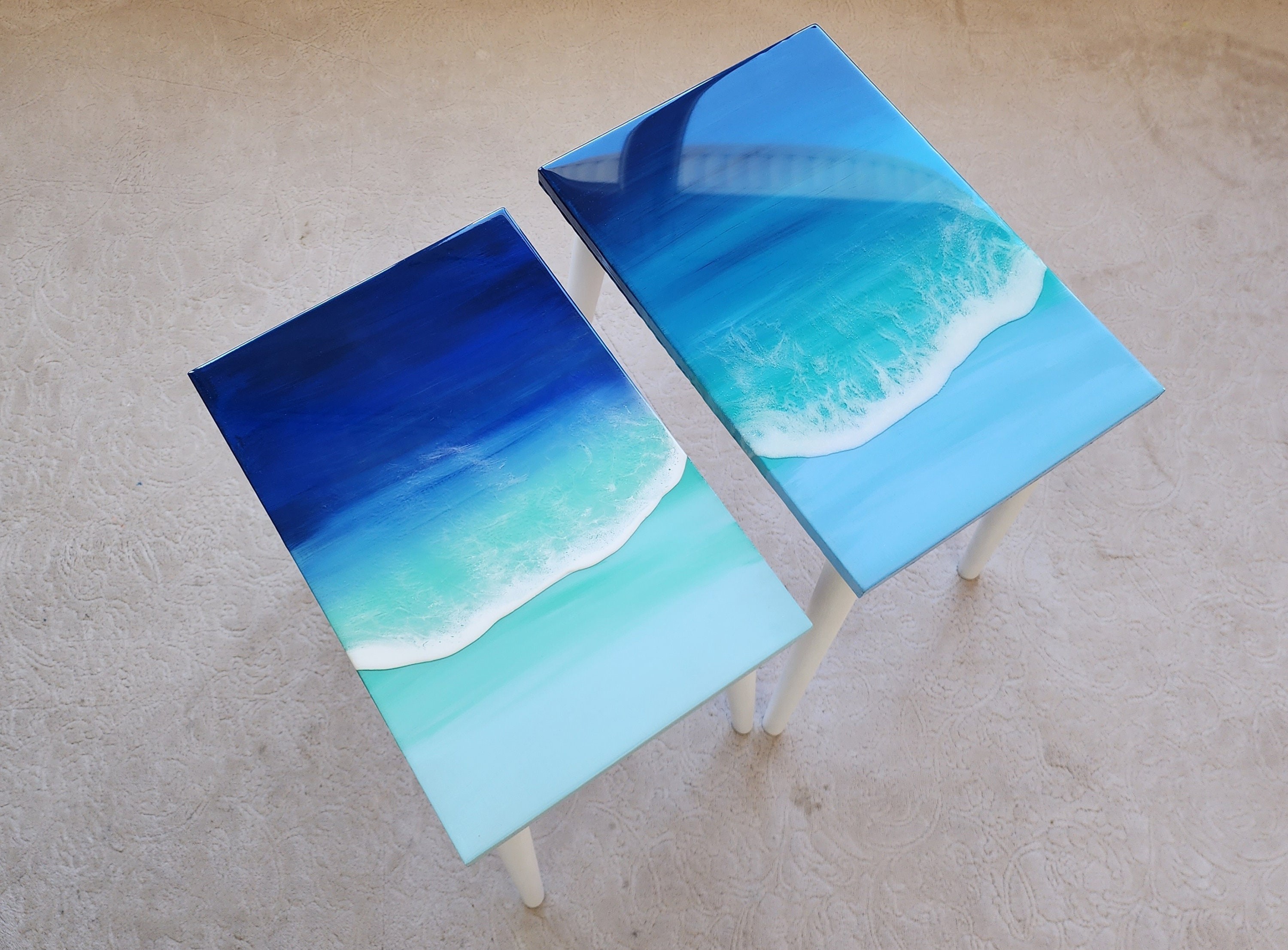 Natural Epoxy Resin Coffee Beach Side Tables With Ocean Wave Design, Handmade Wooden Blue White Sea Tables In Nautical Style, Coastal Tables