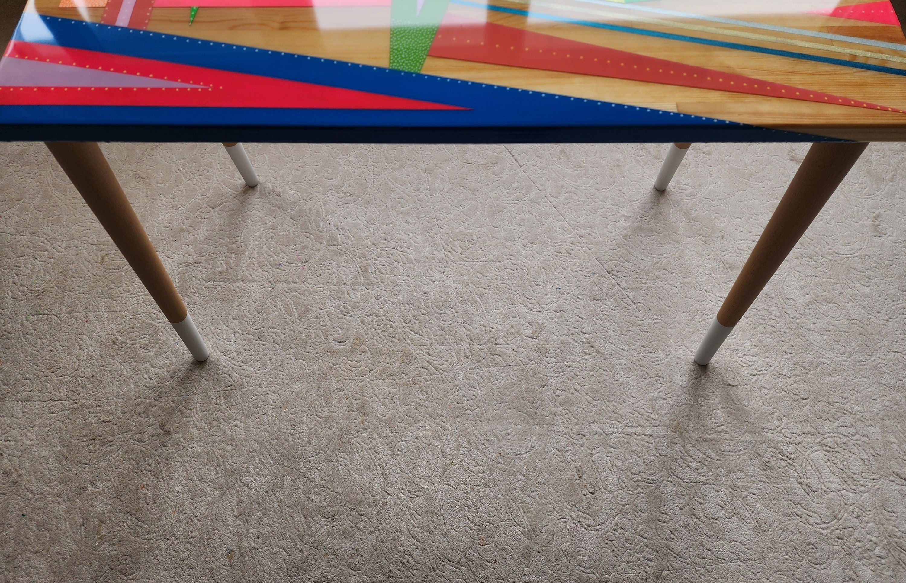 Colorful Funky Abstract Vintage Resin Table, Groovy Vibrant Wood Rainbow Pink Retro End Side Living Room Cool Epoxy Center Art Coffee Table