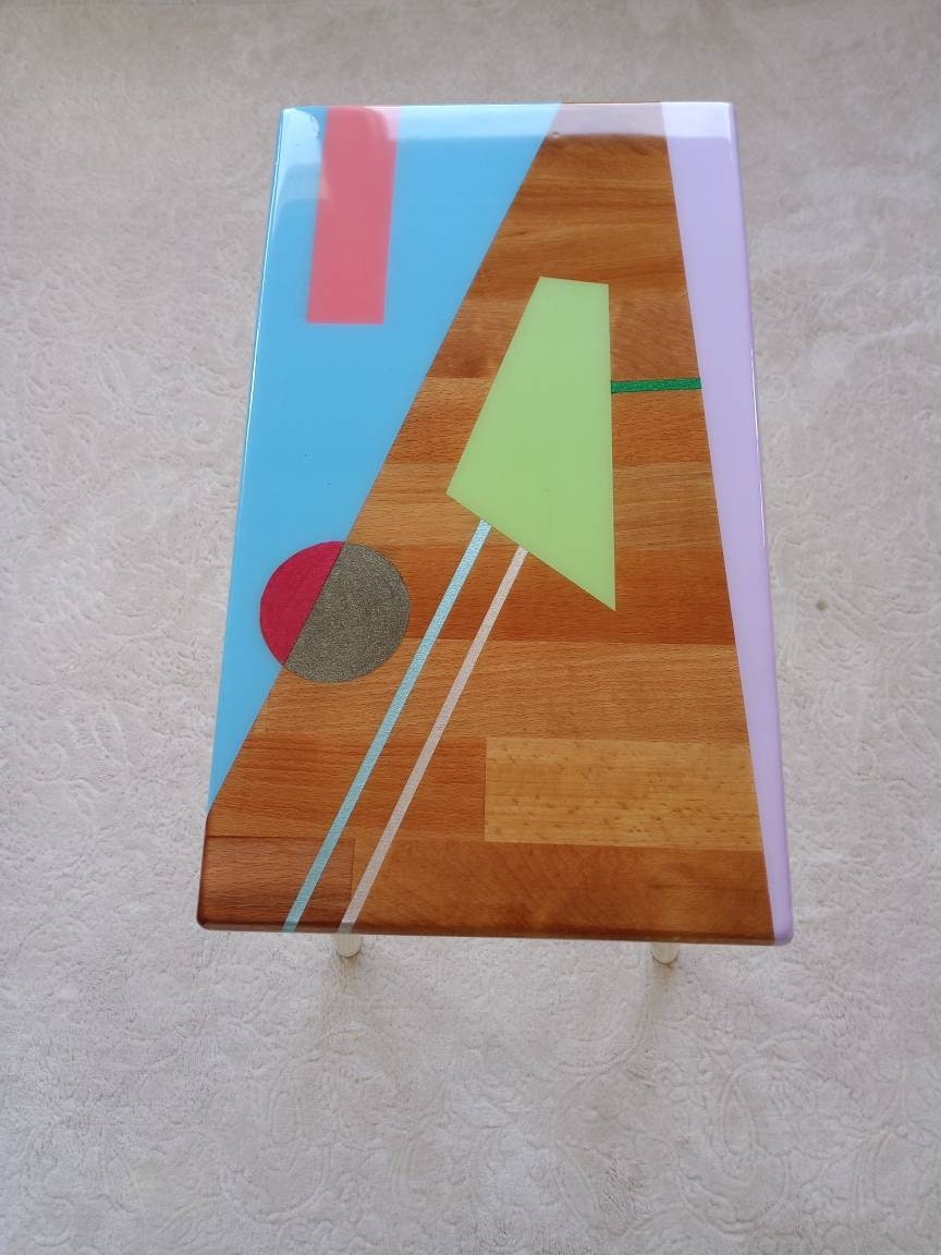 Small Bedside Narrow Resin Side Coffee Table, Unique Wood Wooden Blue Epoxy End Sofa Living Room Colorful Cool Abstract Funky Art Furniture