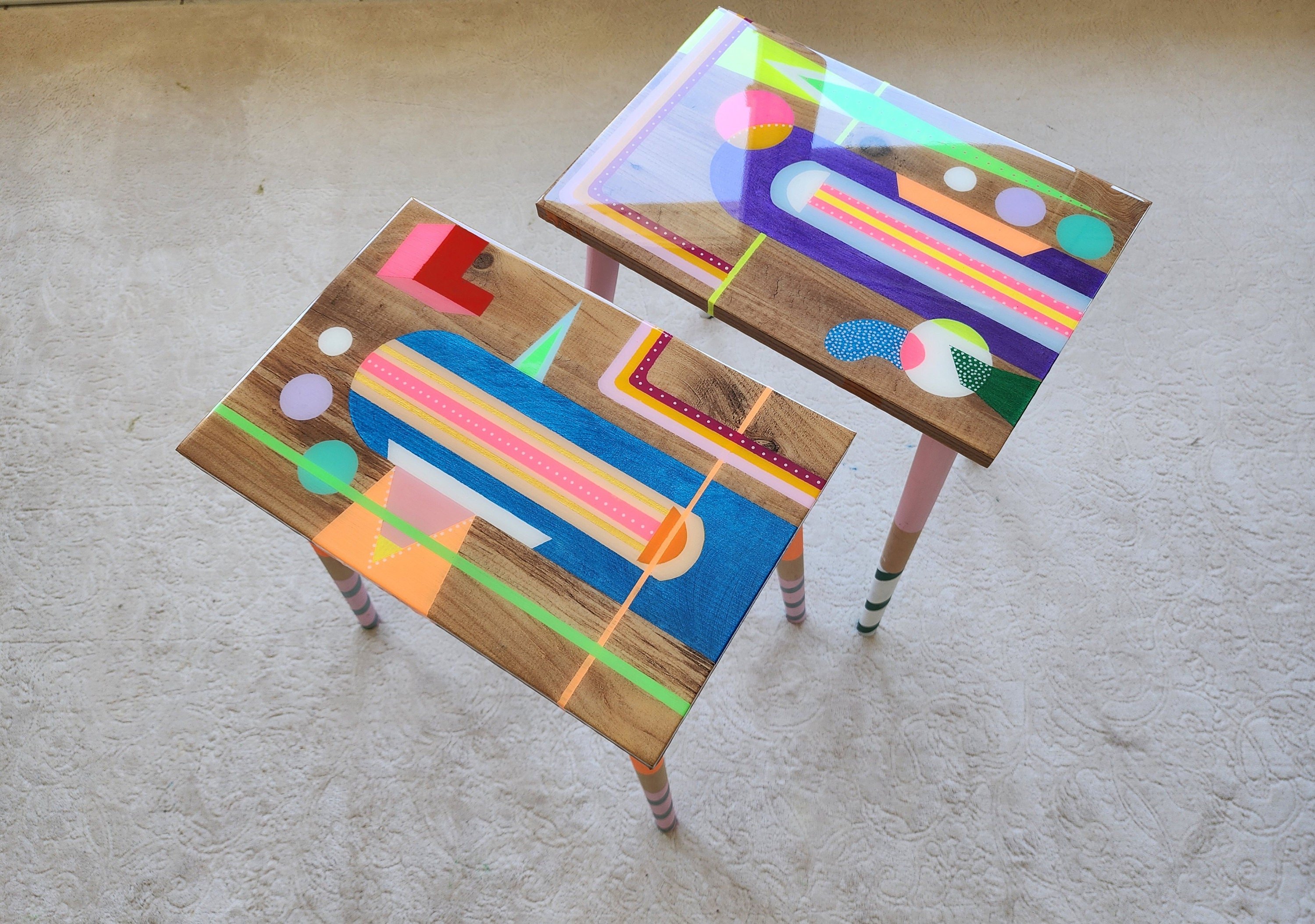 Abstract Cool Epoxy Resin Colorful Side End Tables,Rainbow Funky Groovy Vibrant Retro Modern Unique Eclectic Geometric Sofa Art Design Table