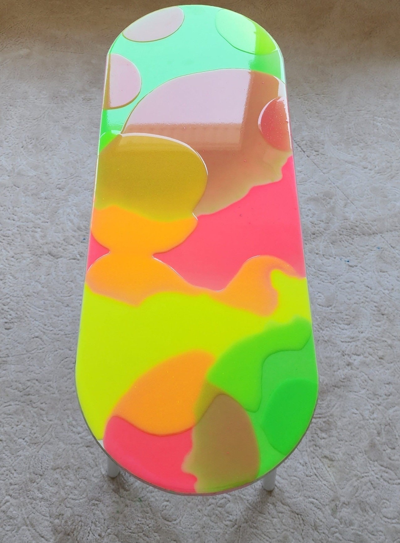Modern Colorful Abstract Resin Funky Pink Side Coffee Table, Wooden Multicolor Furniture Cool Living Room Epoxy Art Live Edge Boho End Table