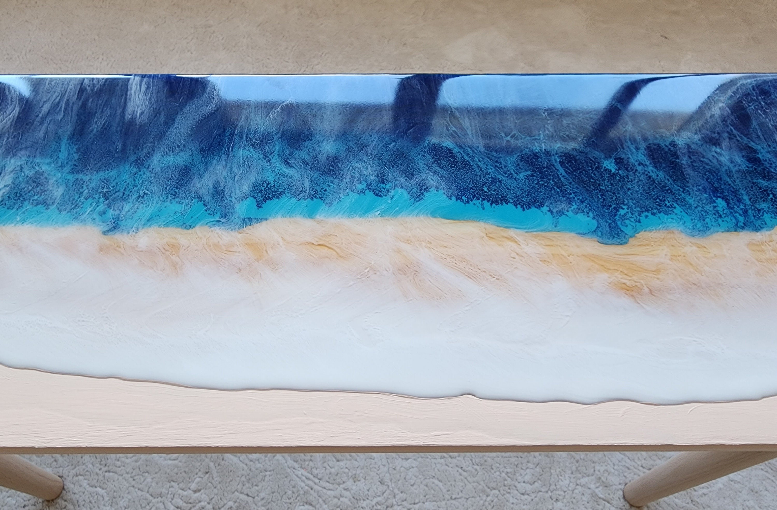 Natural Oval Epoxy Resin Ocean Wave Side Coffee Table, Beach House Decor Blue Coastal Nautical Sea Themed Entryway Bedside Bedroom End Table