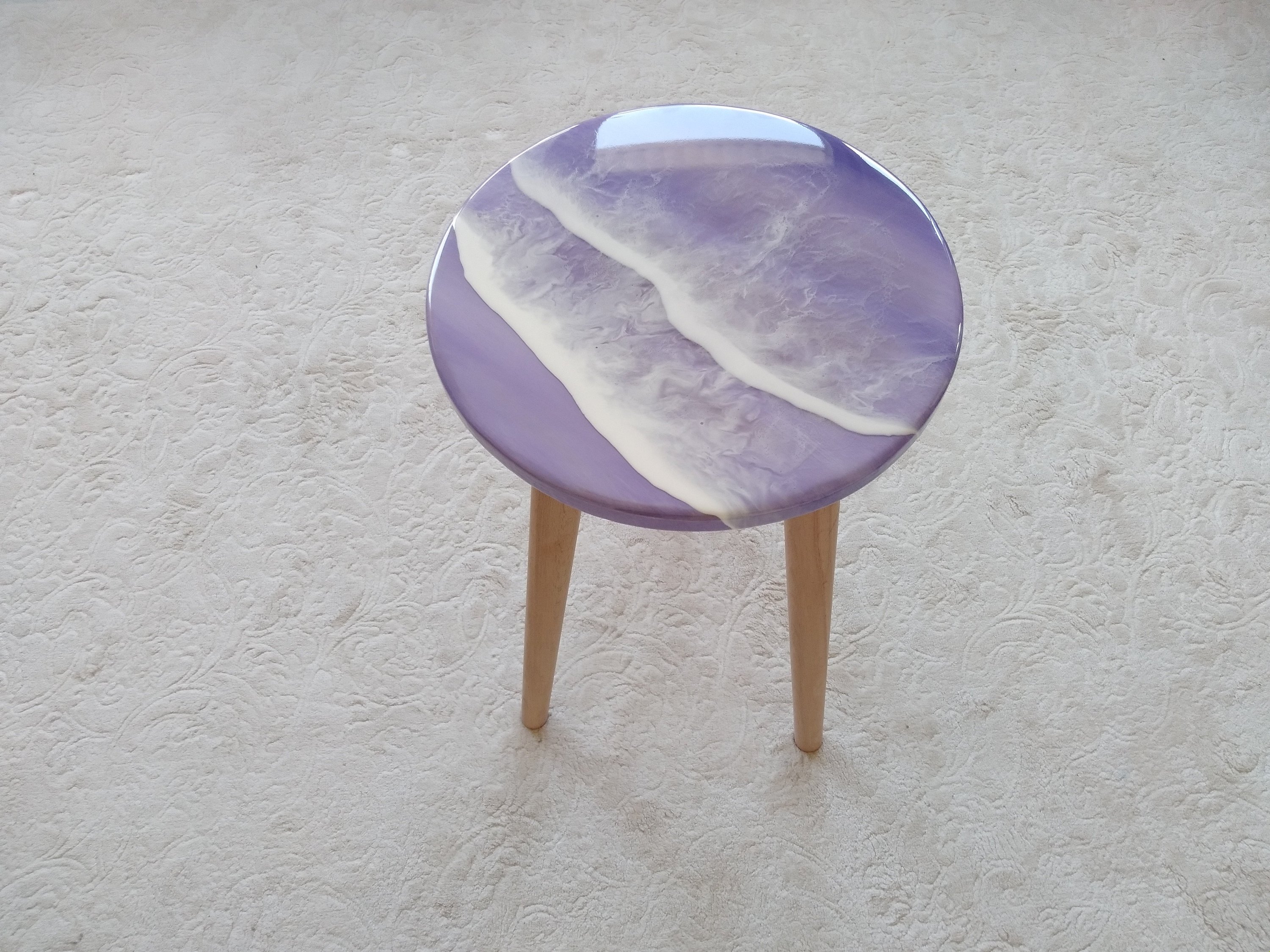 Unique Ocean Wave Resin Side Coffee Table, Beach Design Modern Purple Natural Wood Art Sofa Living Room Bedside Cool Live Edge River Table